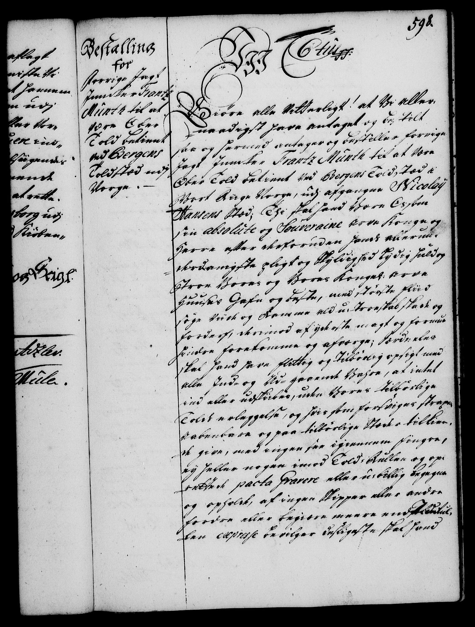 Rentekammeret, Kammerkanselliet, RA/EA-3111/G/Gg/Gge/L0002: Norsk bestallingsprotokoll med register (merket RK 53.26), 1730-1744, p. 598