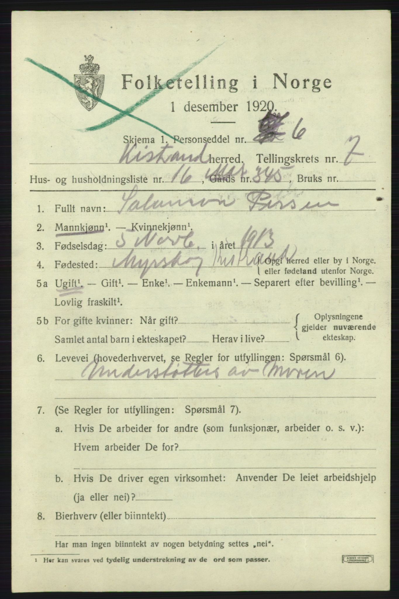 SATØ, 1920 census for Kistrand, 1920, p. 4422