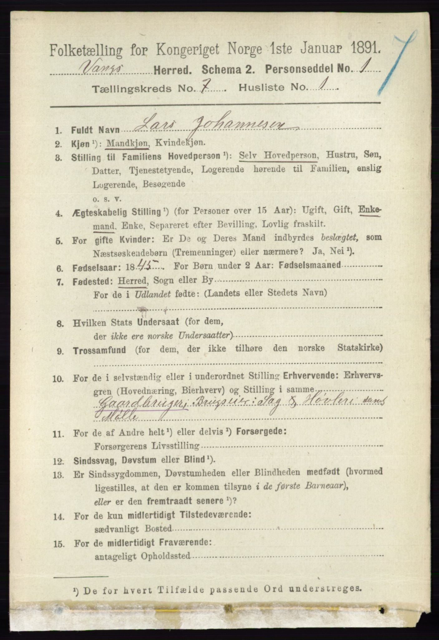 RA, 1891 census for 0414 Vang, 1891, p. 5026