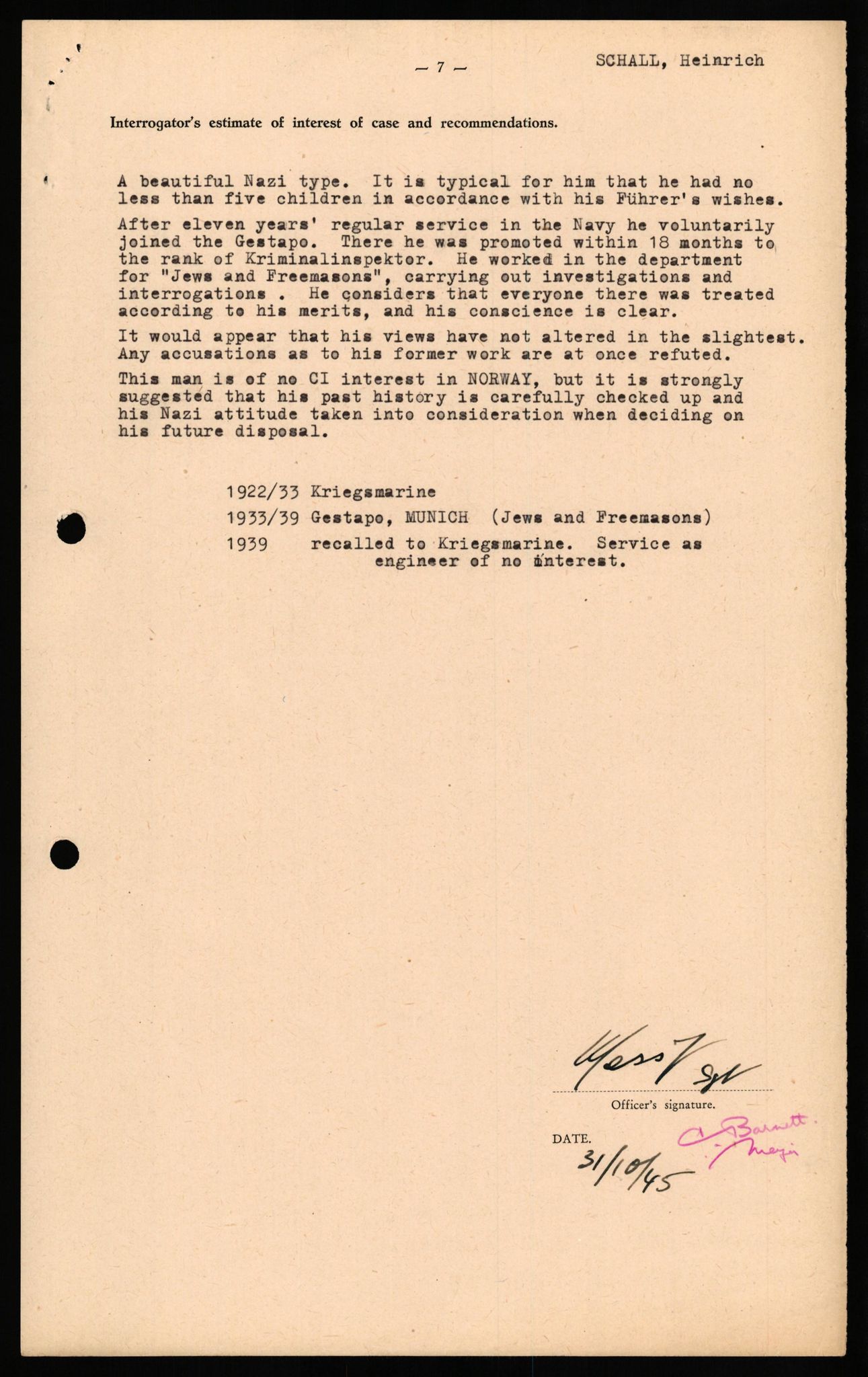 Forsvaret, Forsvarets overkommando II, RA/RAFA-3915/D/Db/L0029: CI Questionaires. Tyske okkupasjonsstyrker i Norge. Tyskere., 1945-1946, p. 42