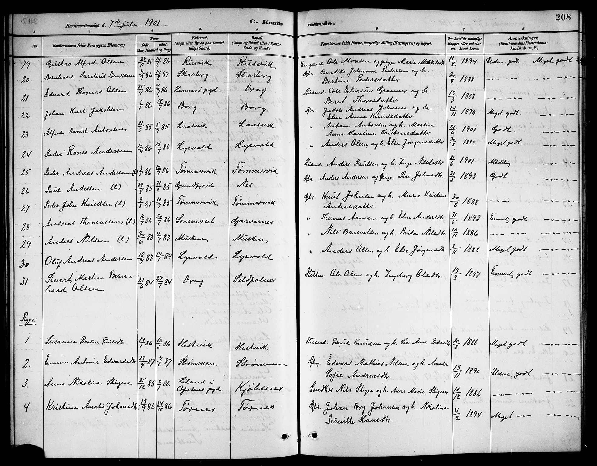 Ministerialprotokoller, klokkerbøker og fødselsregistre - Nordland, AV/SAT-A-1459/861/L0876: Parish register (copy) no. 861C02, 1887-1903, p. 208