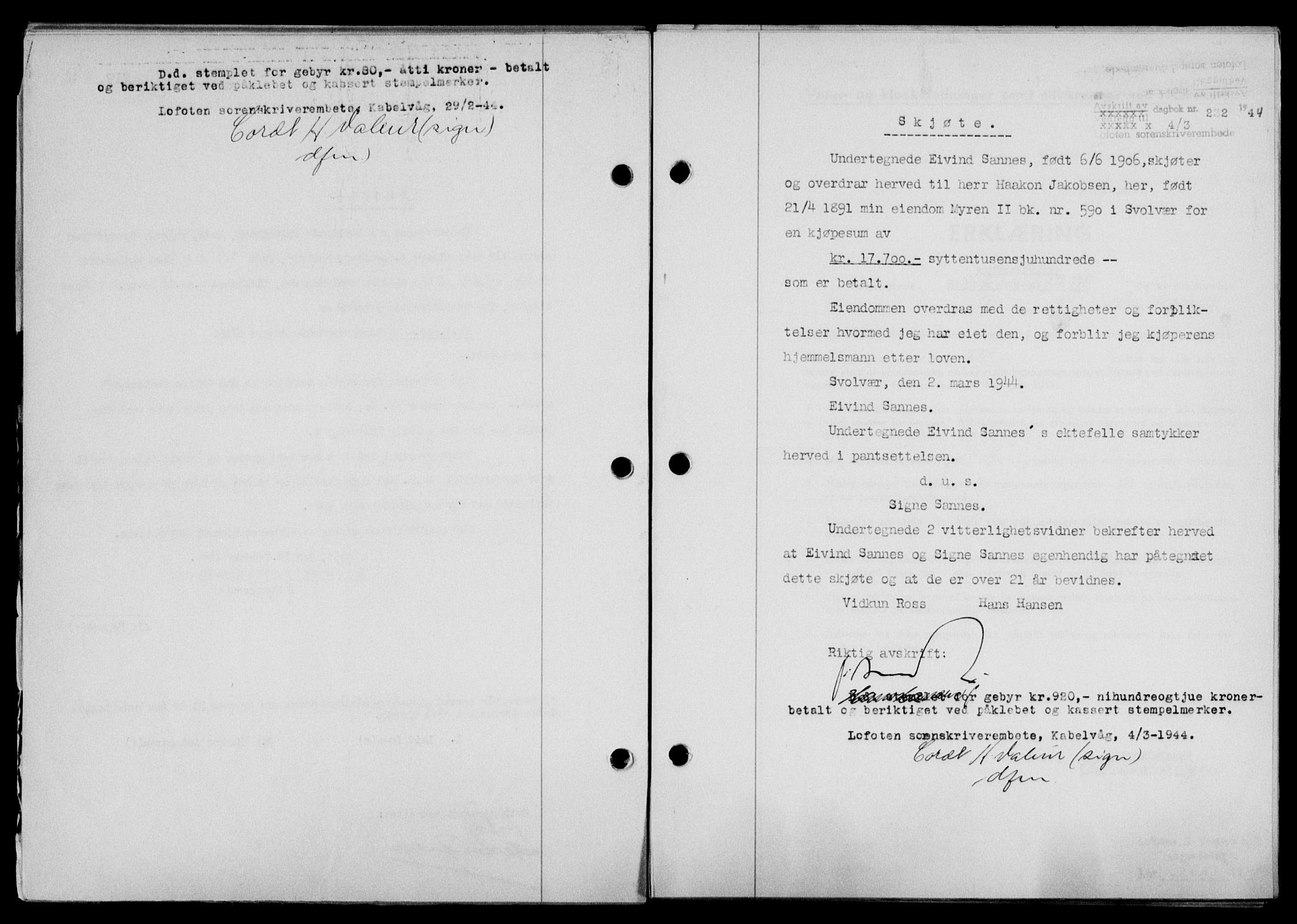 Lofoten sorenskriveri, SAT/A-0017/1/2/2C/L0012a: Mortgage book no. 12a, 1943-1944, Diary no: : 232/1944