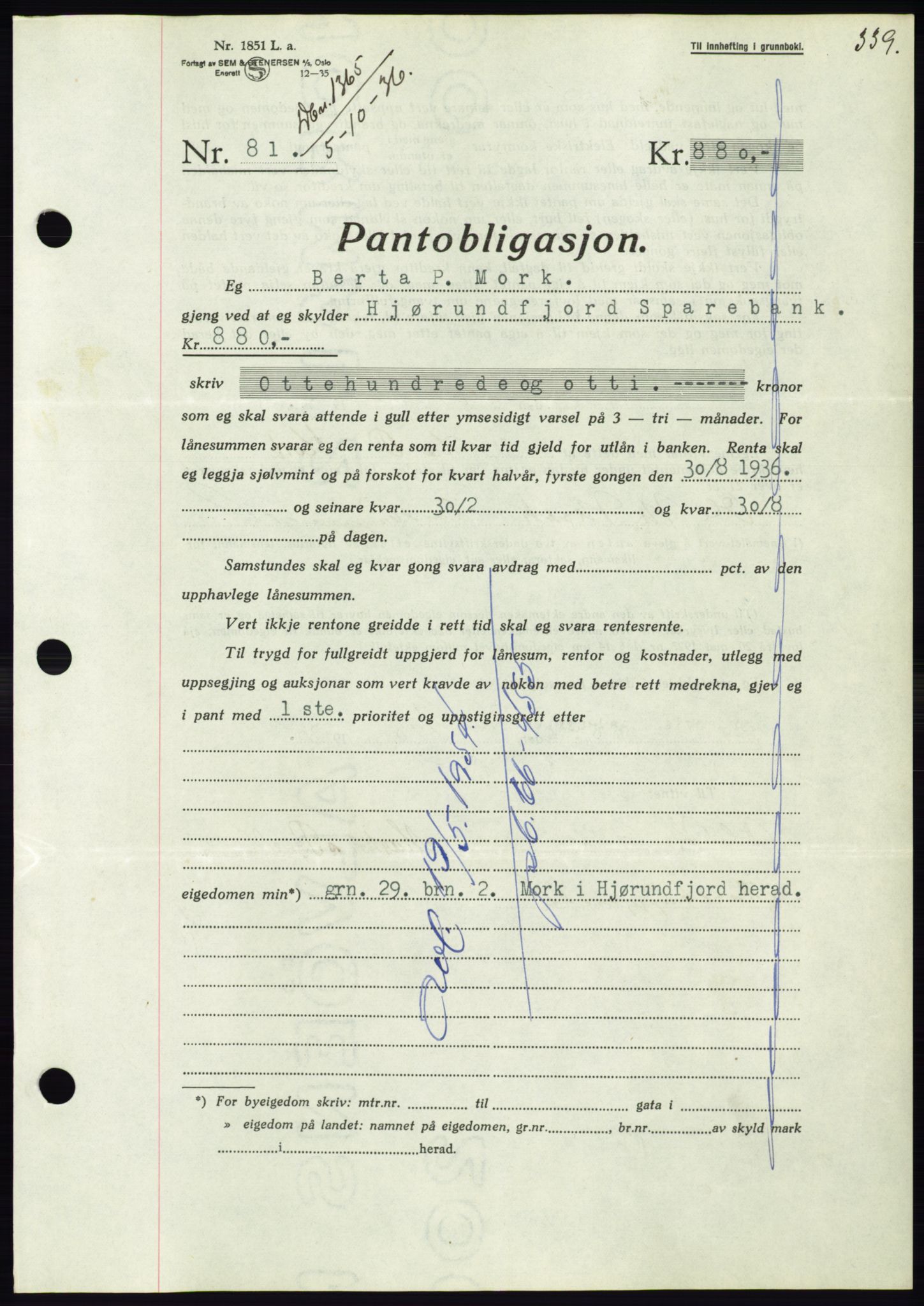 Søre Sunnmøre sorenskriveri, AV/SAT-A-4122/1/2/2C/L0061: Mortgage book no. 55, 1936-1936, Diary no: : 1365/1936