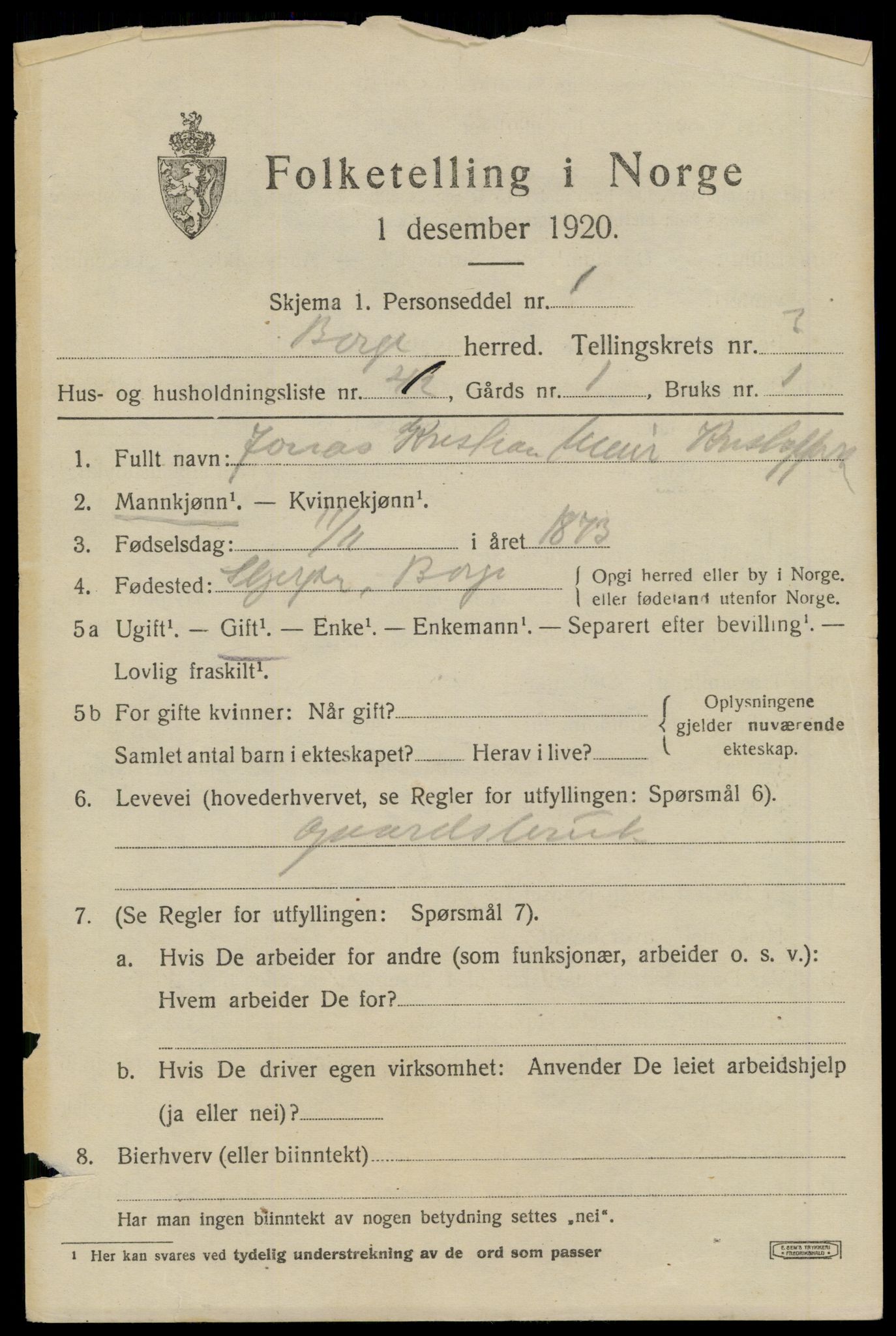SAT, 1920 census for Borge, 1920, p. 3071