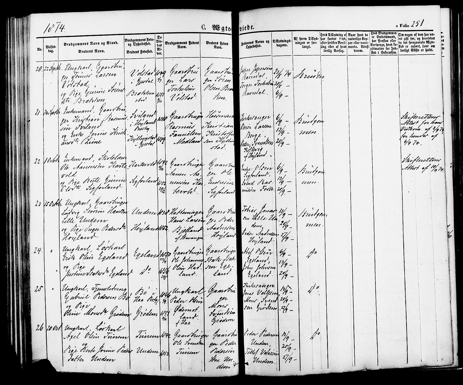 Lye sokneprestkontor, SAST/A-101794/001/30BA/L0008: Parish register (official) no. A 7, 1872-1881, p. 251