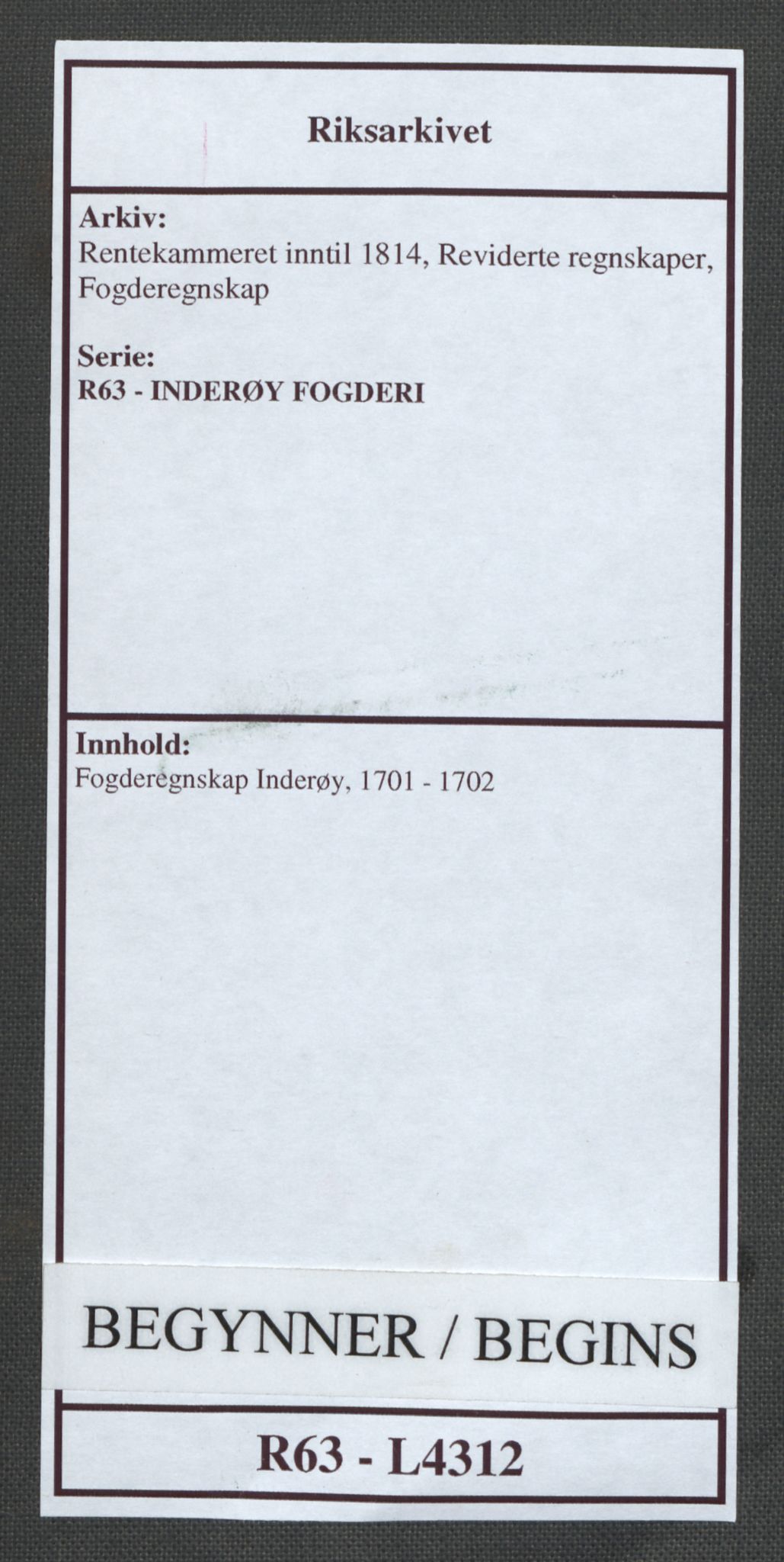 Rentekammeret inntil 1814, Reviderte regnskaper, Fogderegnskap, RA/EA-4092/R63/L4312: Fogderegnskap Inderøy, 1701-1702, p. 1