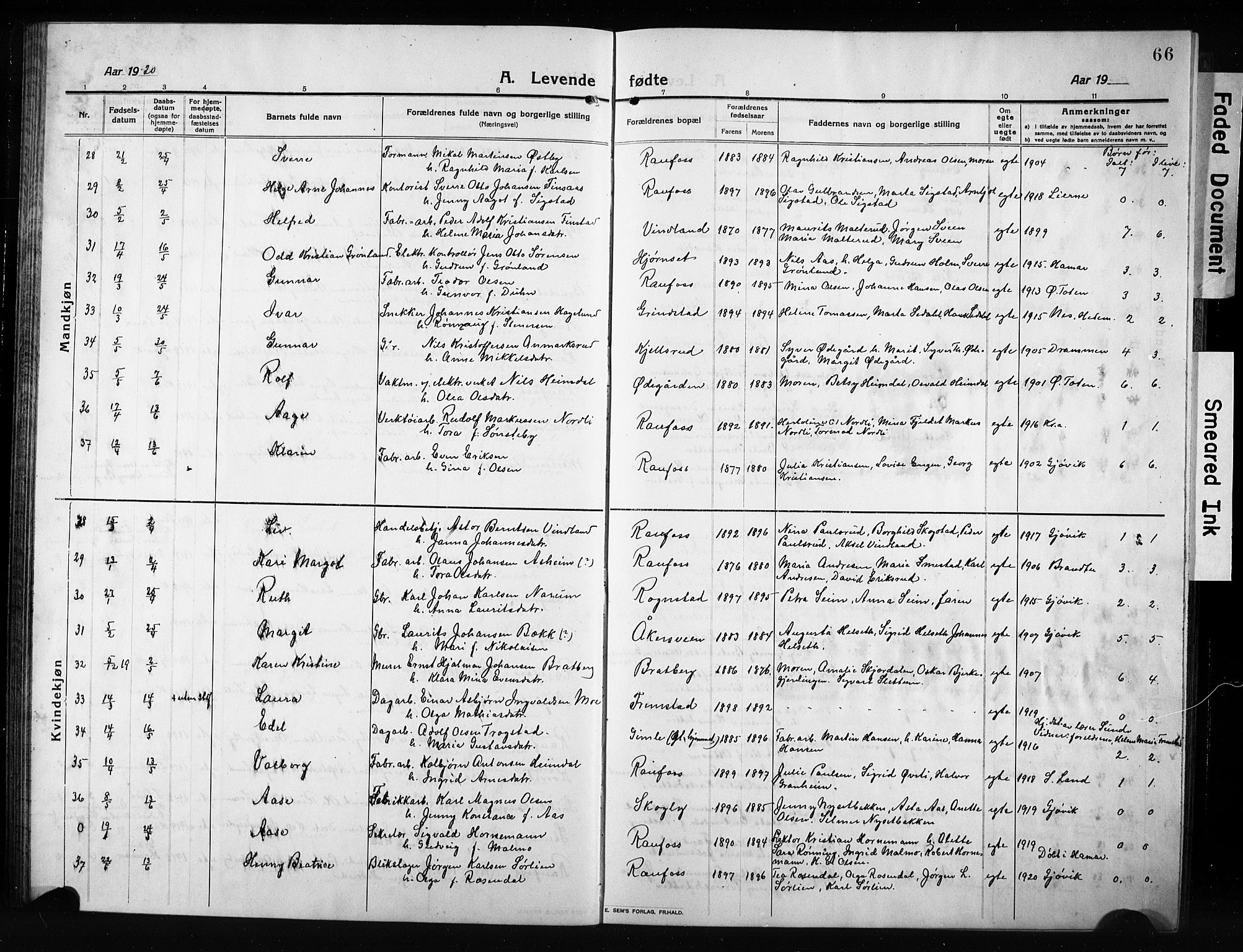 Vestre Toten prestekontor, AV/SAH-PREST-108/H/Ha/Hab/L0012: Parish register (copy) no. 12, 1909-1928, p. 66