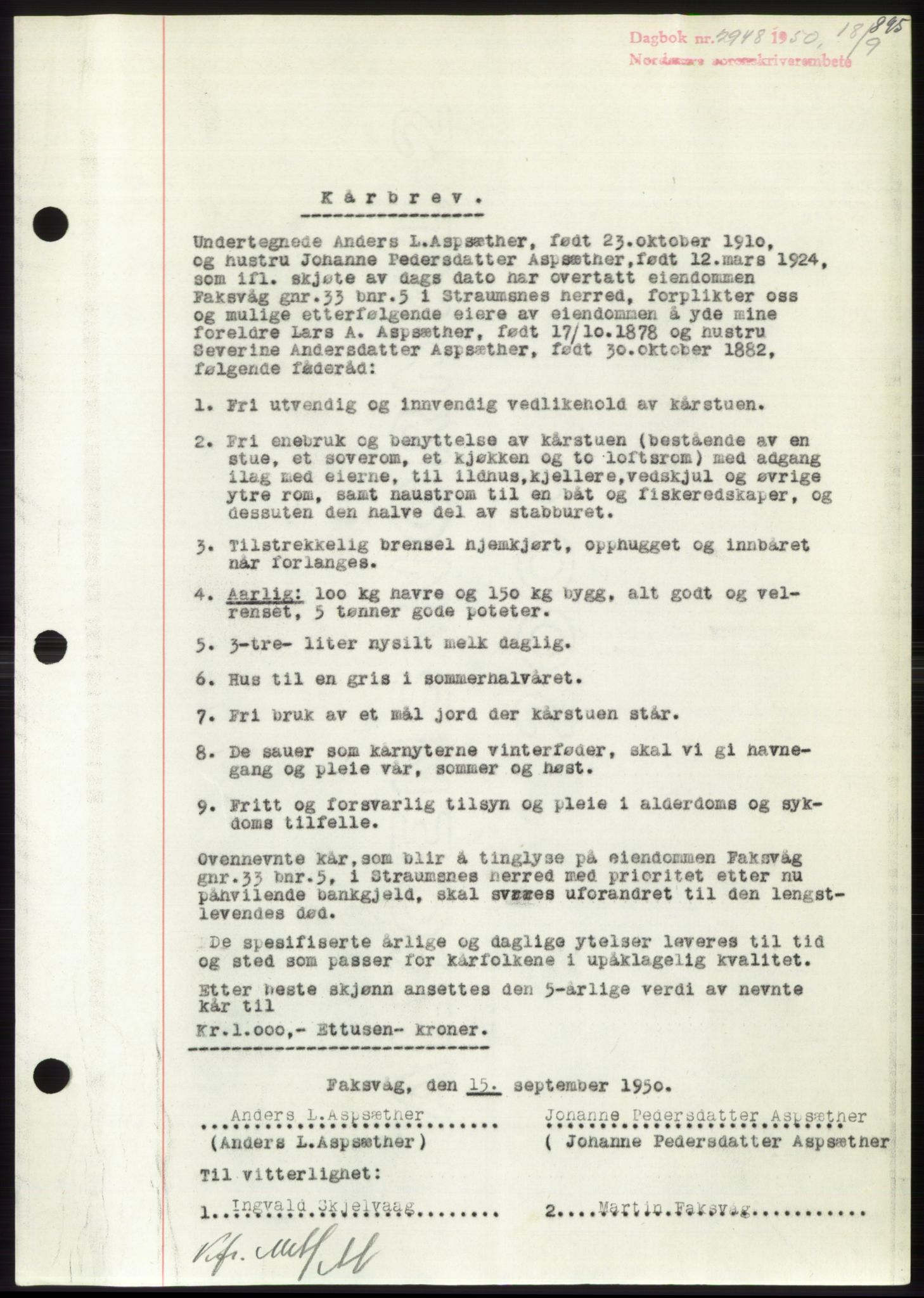 Nordmøre sorenskriveri, AV/SAT-A-4132/1/2/2Ca: Mortgage book no. B105, 1950-1950, Diary no: : 2948/1950