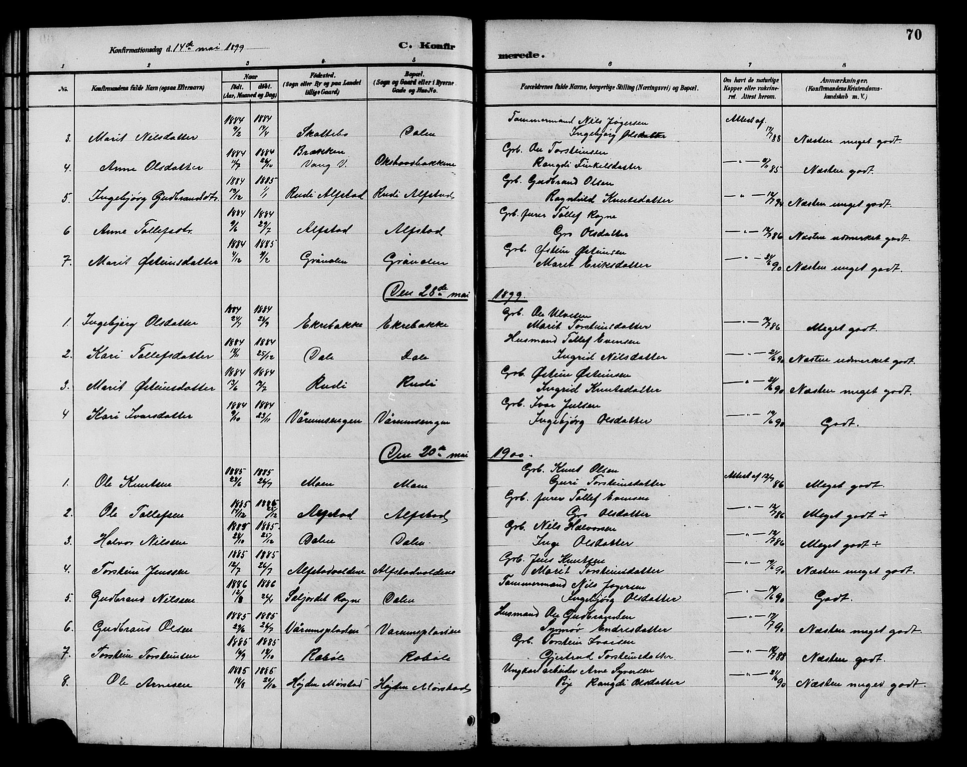 Øystre Slidre prestekontor, AV/SAH-PREST-138/H/Ha/Hab/L0004: Parish register (copy) no. 4, 1887-1907, p. 70