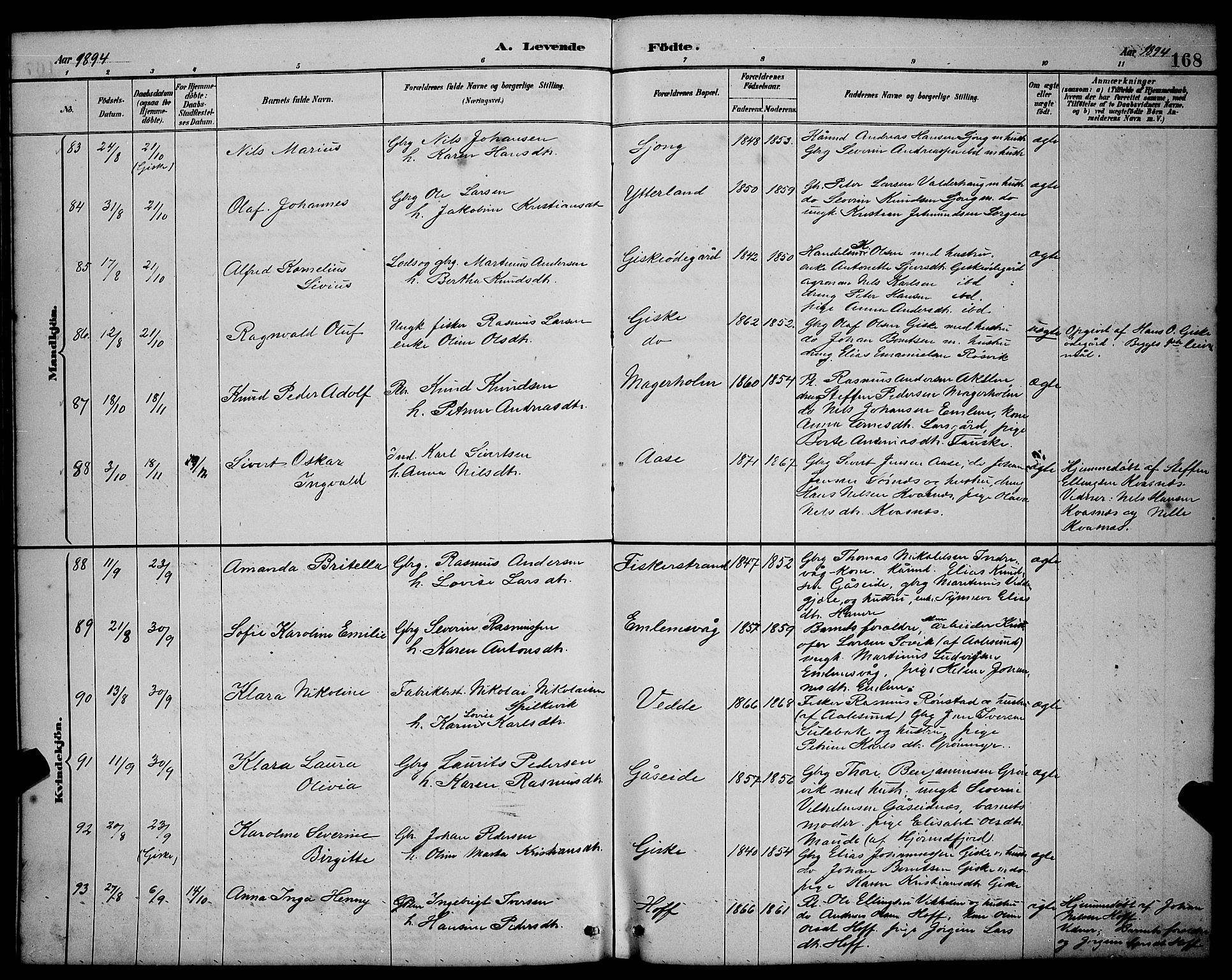 Ministerialprotokoller, klokkerbøker og fødselsregistre - Møre og Romsdal, AV/SAT-A-1454/528/L0431: Parish register (copy) no. 528C12, 1885-1898, p. 168