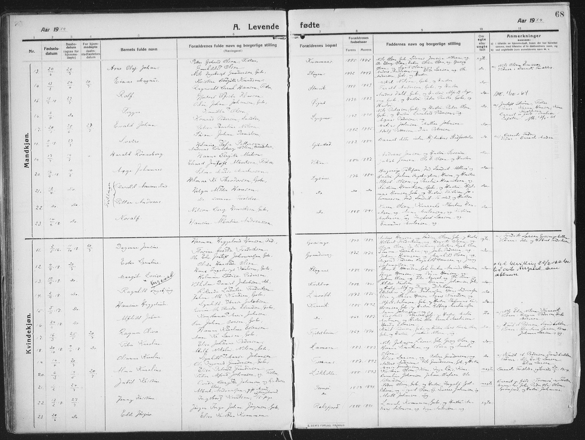 Lenvik sokneprestembete, AV/SATØ-S-1310/H/Ha/Haa/L0016kirke: Parish register (official) no. 16, 1910-1924, p. 68