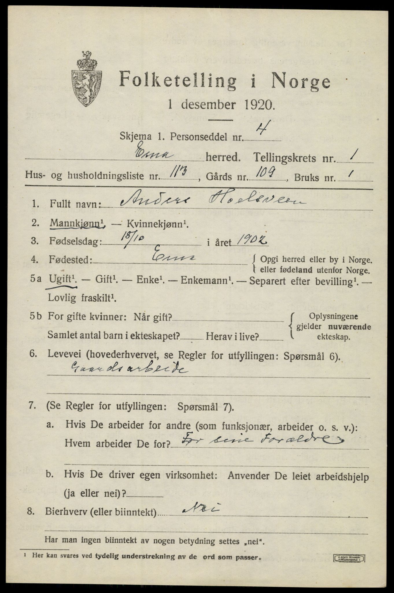 SAH, 1920 census for Eina, 1920, p. 1762