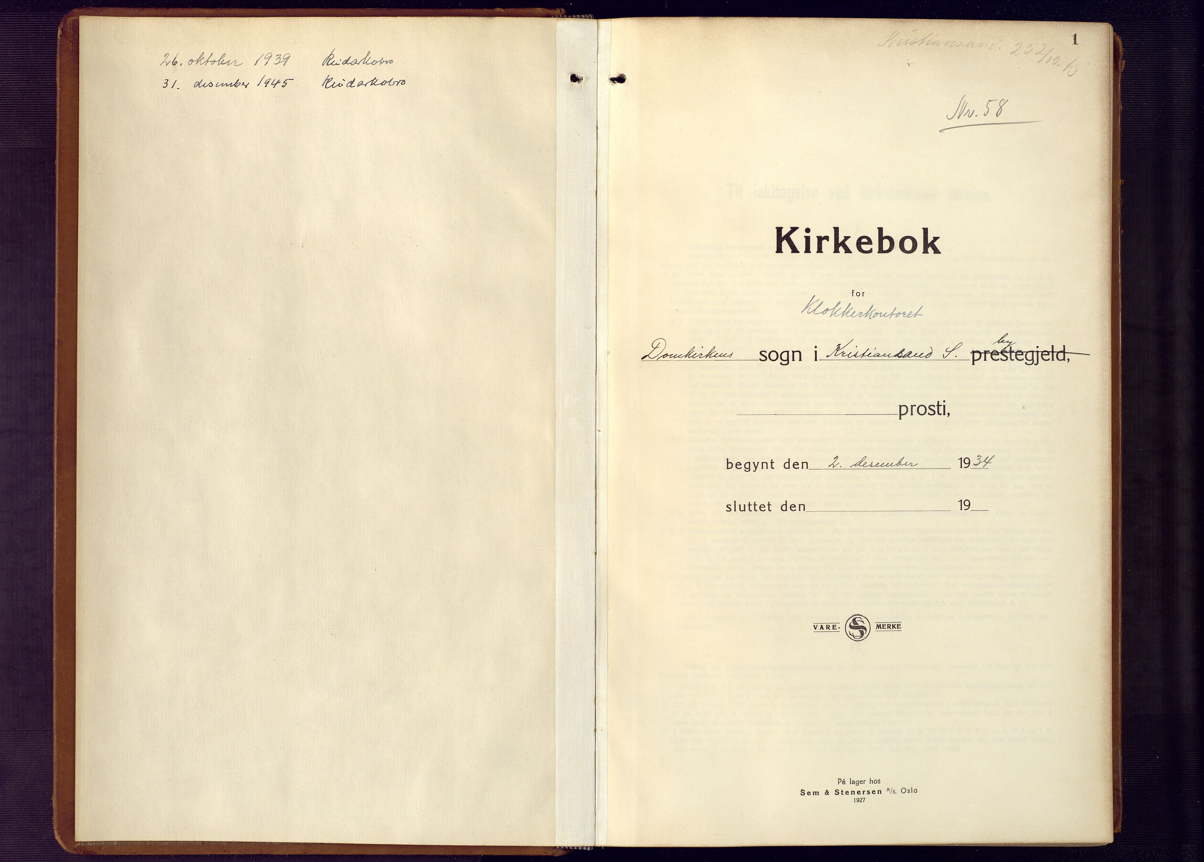 Kristiansand domprosti, SAK/1112-0006/F/Fb/L0027: Parish register (copy) no. B 27, 1934-1945, p. 1