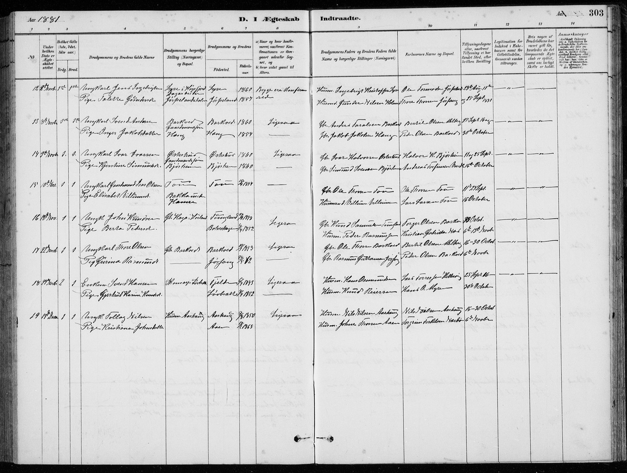 Strand sokneprestkontor, AV/SAST-A-101828/H/Ha/Hab/L0004: Parish register (copy) no. B 4, 1878-1903, p. 303