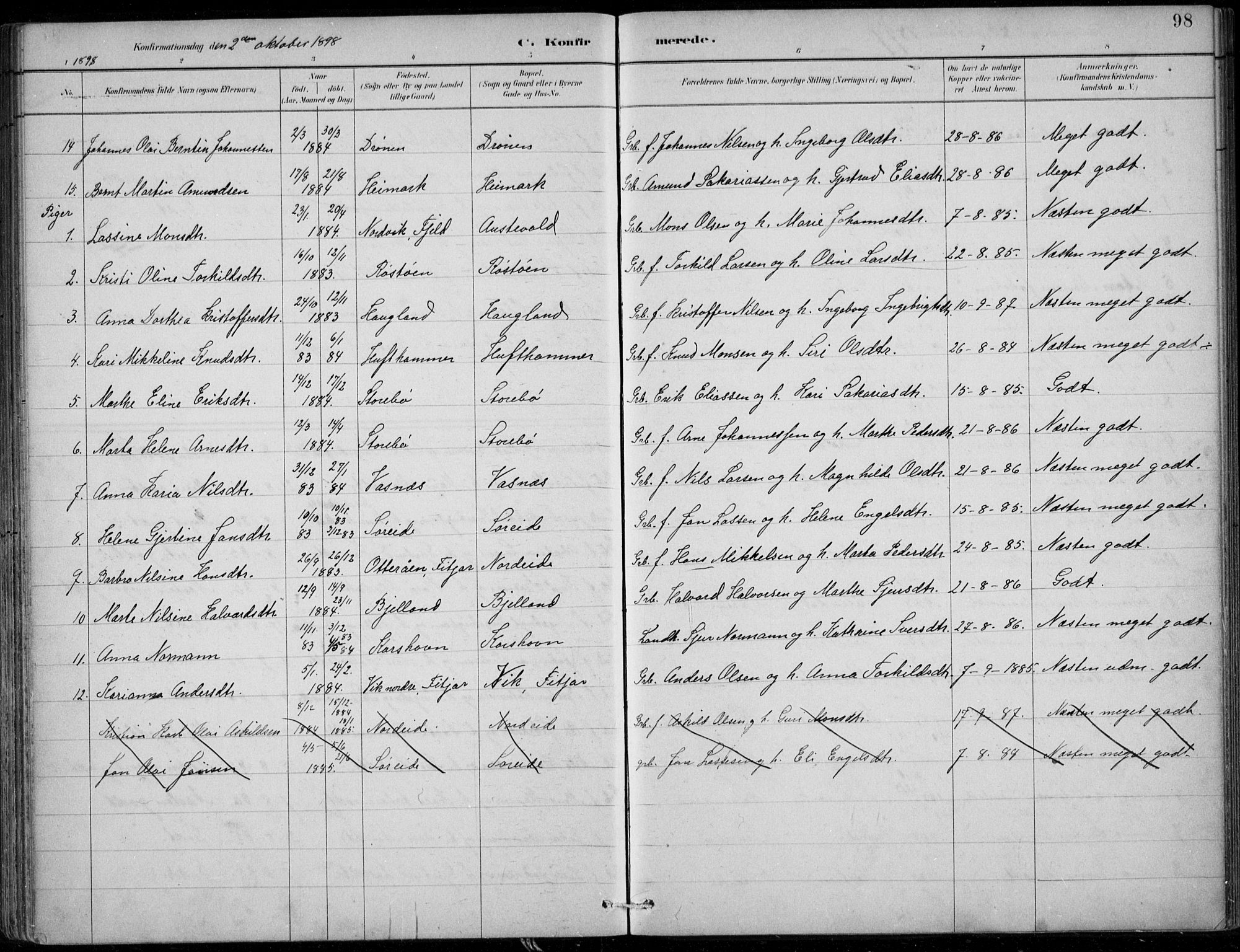 Sund sokneprestembete, SAB/A-99930: Parish register (official) no. C  1, 1882-1899, p. 98