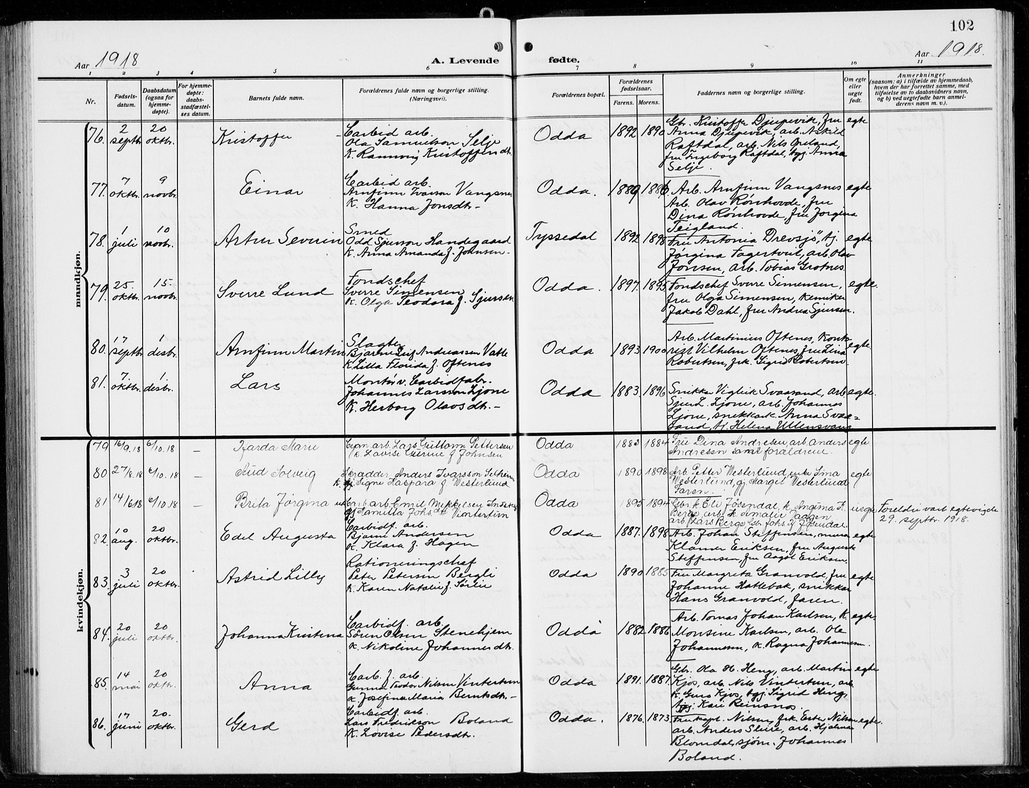 Odda Sokneprestembete, AV/SAB-A-77201/H/Hab: Parish register (copy) no. B  2, 1910-1923, p. 102