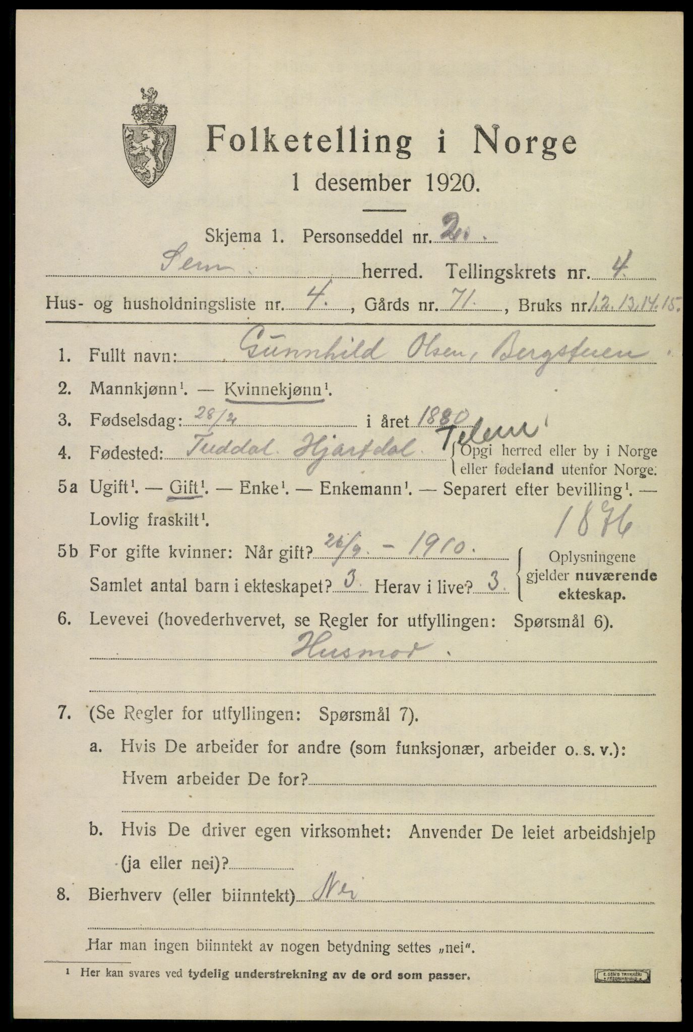 SAKO, 1920 census for Sem, 1920, p. 7109