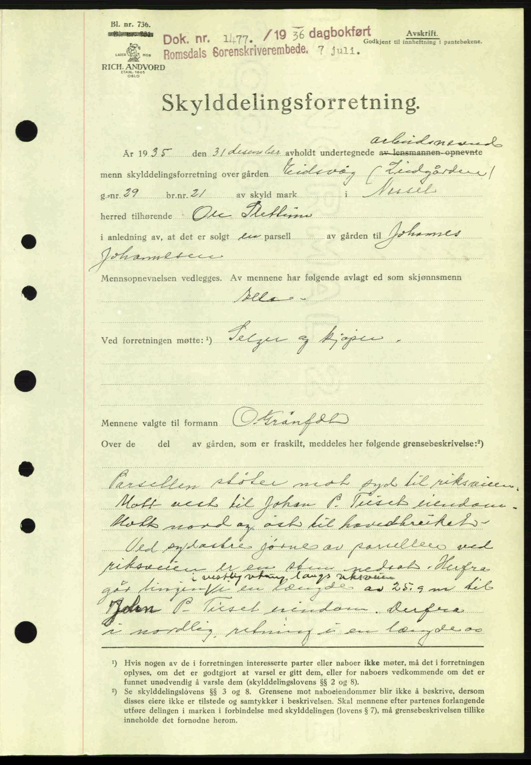 Romsdal sorenskriveri, AV/SAT-A-4149/1/2/2C: Mortgage book no. A1, 1936-1936, Diary no: : 1477/1936