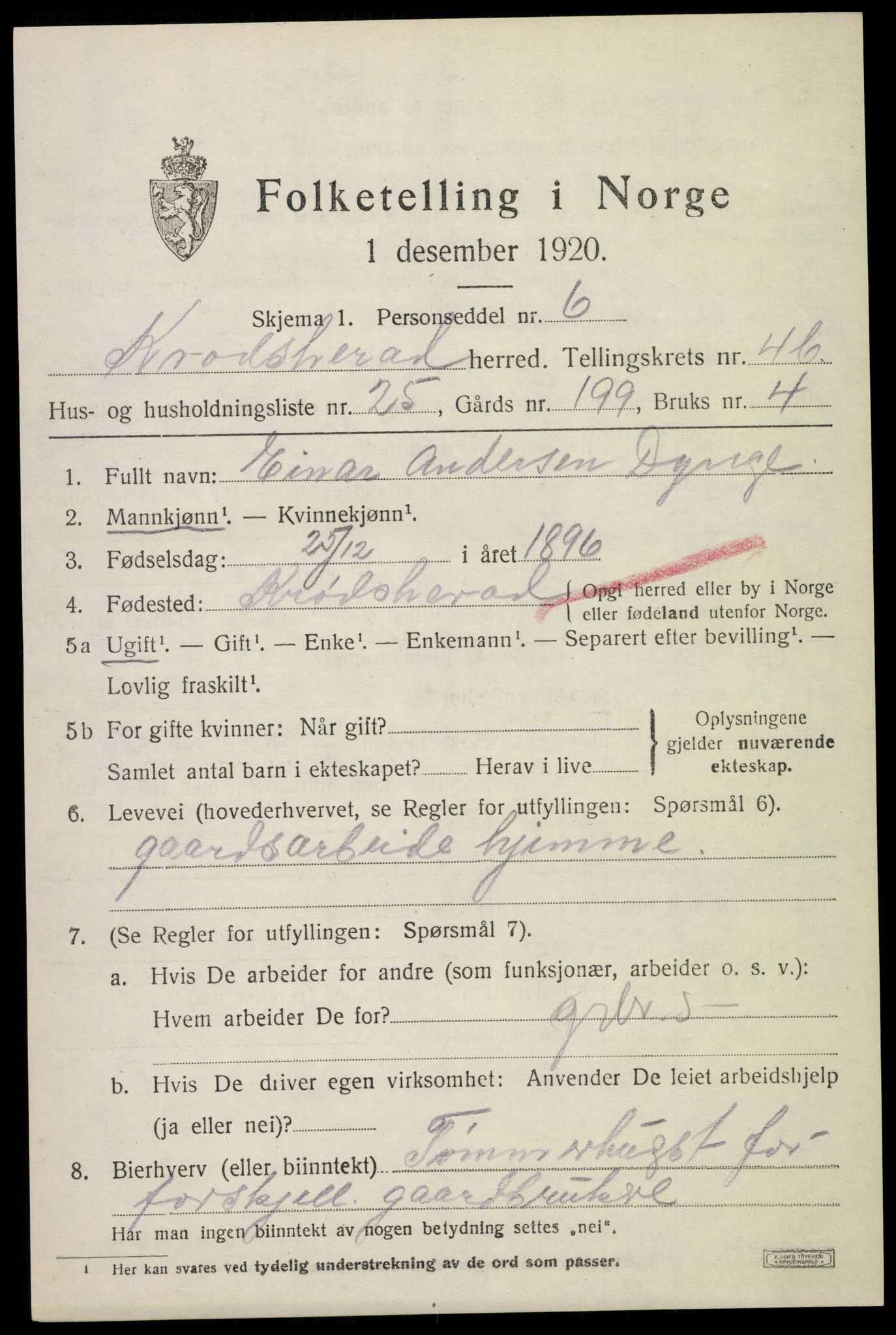 SAKO, 1920 census for Krødsherad, 1920, p. 5229