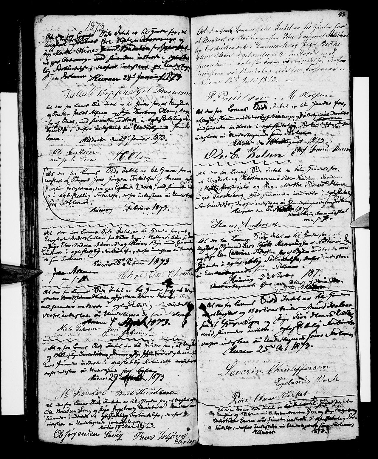 Risør sokneprestkontor, SAK/1111-0035/F/Fb/L0003: Parish register (copy) no. B 3 /1, 1812-1874, p. 43
