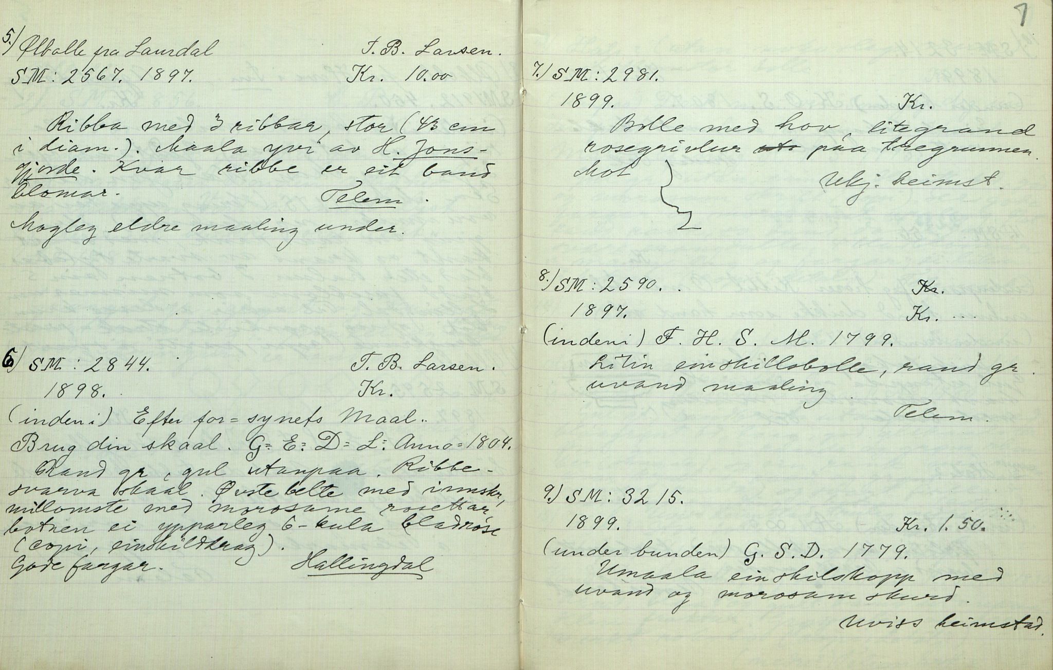 Rikard Berge, TEMU/TGM-A-1003/F/L0007/0047: 251-299 / 297 Registrering av ymse gjenstandar på Brekke museum, 1916-1935, p. 6-7