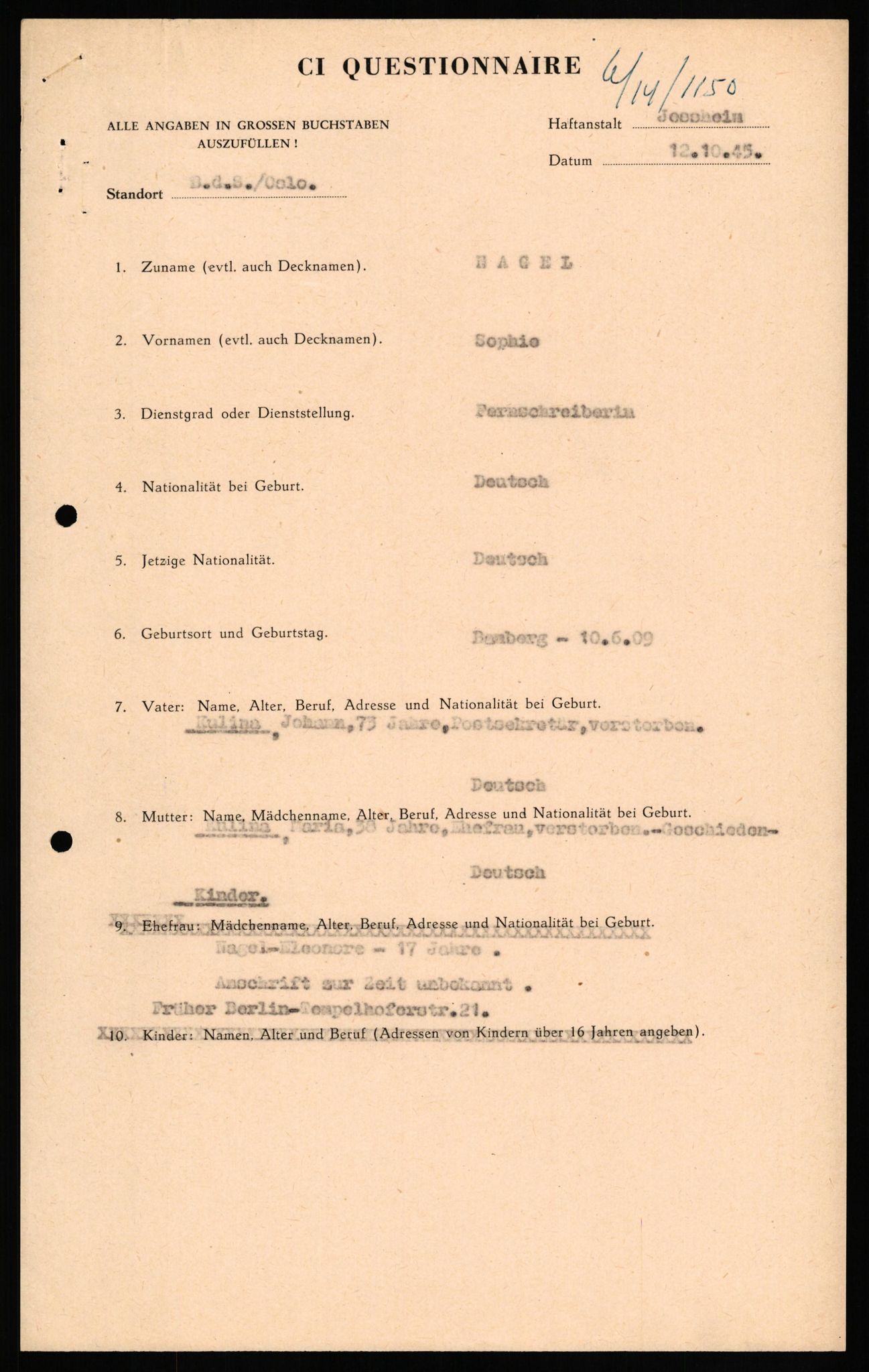 Forsvaret, Forsvarets overkommando II, RA/RAFA-3915/D/Db/L0023: CI Questionaires. Tyske okkupasjonsstyrker i Norge. Tyskere., 1945-1946, p. 430