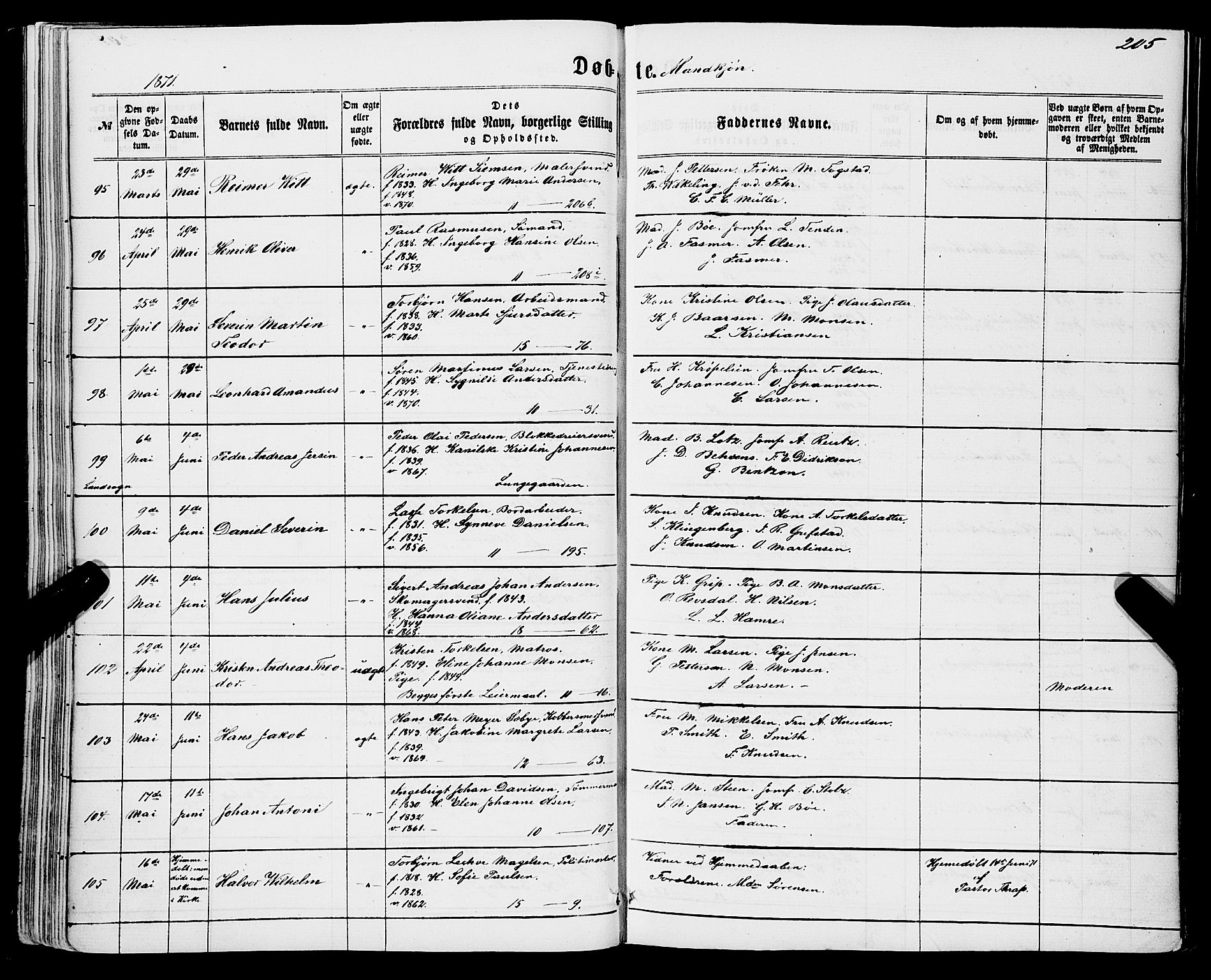 Domkirken sokneprestembete, AV/SAB-A-74801/H/Haa/L0021: Parish register (official) no. B 4, 1859-1871, p. 205