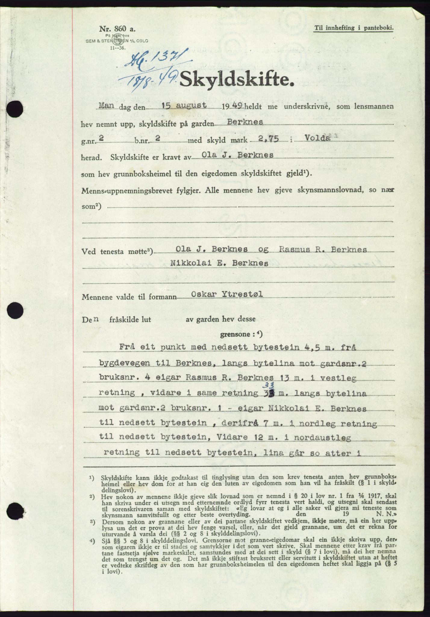 Søre Sunnmøre sorenskriveri, AV/SAT-A-4122/1/2/2C/L0085: Mortgage book no. 11A, 1949-1949, Diary no: : 1371/1949