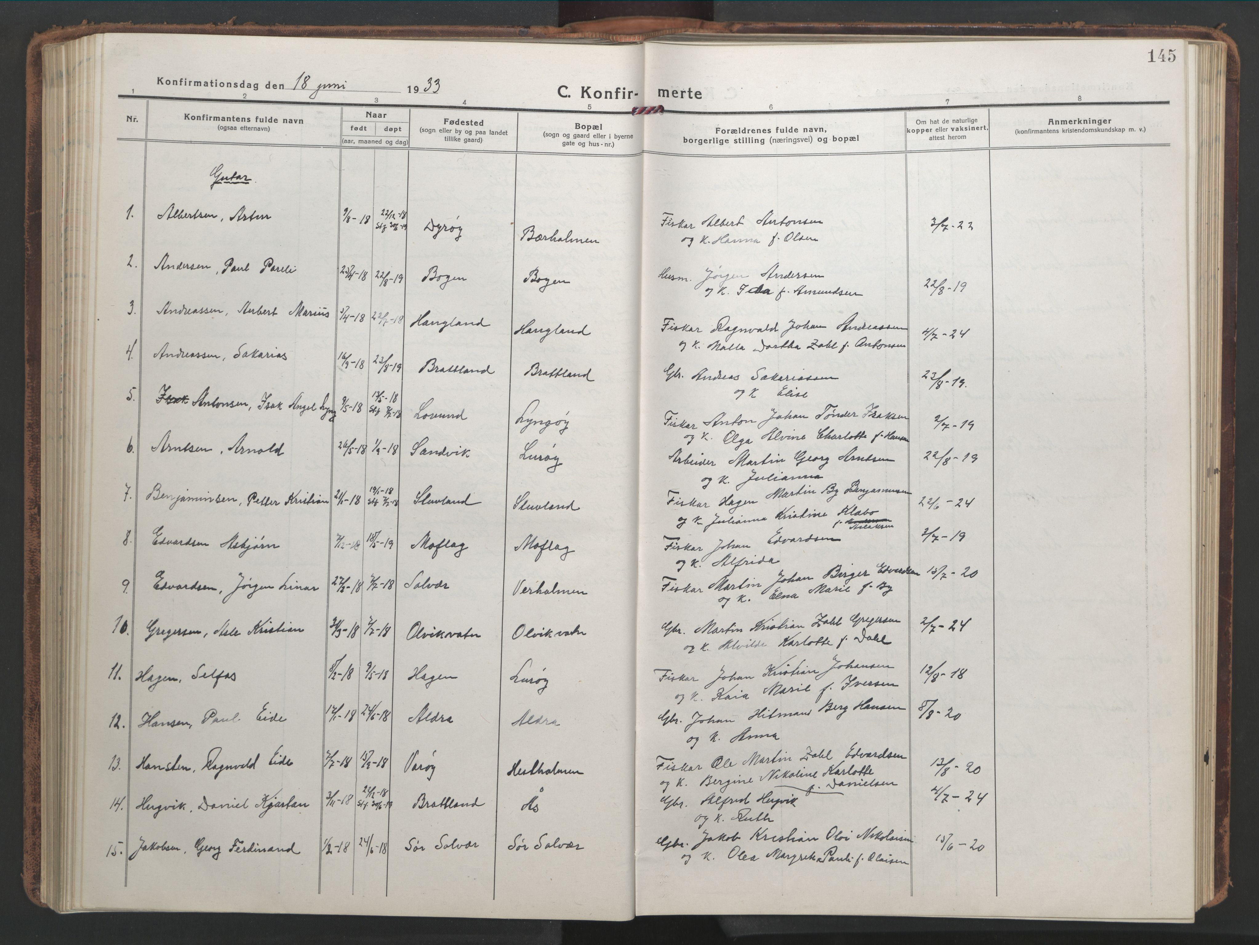 Ministerialprotokoller, klokkerbøker og fødselsregistre - Nordland, SAT/A-1459/839/L0574: Parish register (copy) no. 839C04, 1918-1950, p. 145
