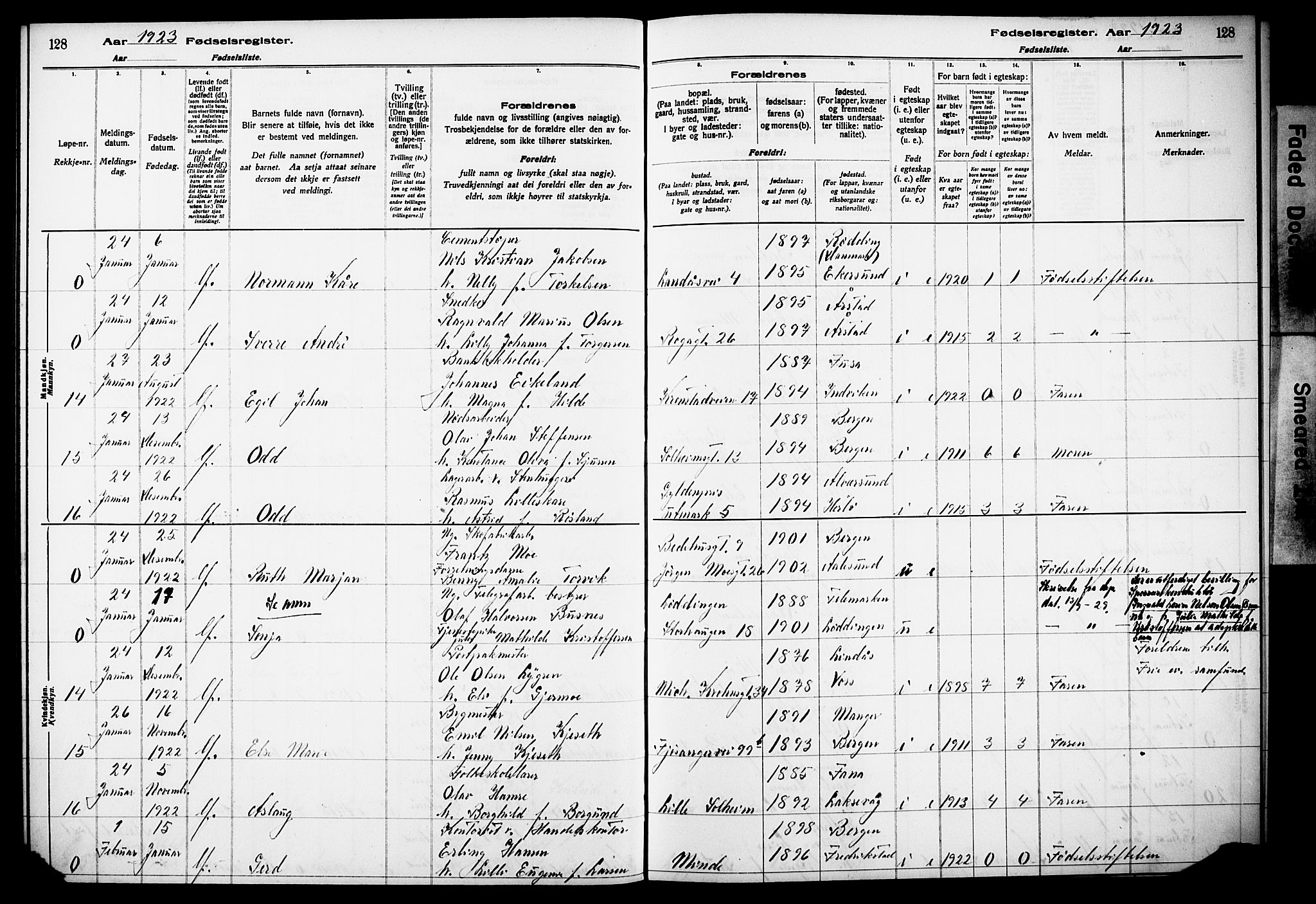 Årstad Sokneprestembete, AV/SAB-A-79301/I/Id/L0A02: Birth register no. A 2, 1920-1924, p. 128