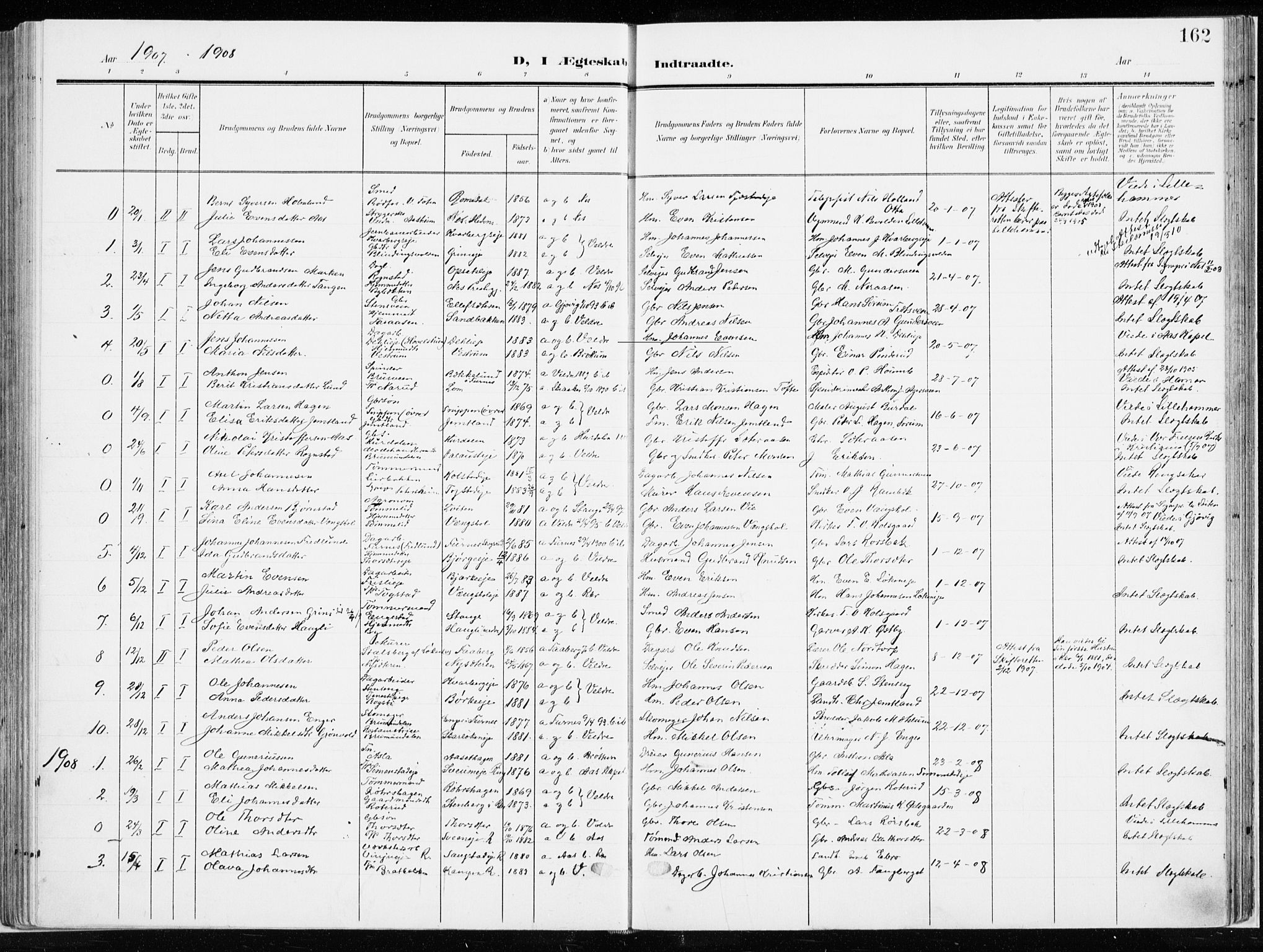 Ringsaker prestekontor, AV/SAH-PREST-014/K/Ka/L0019: Parish register (official) no. 19, 1905-1920, p. 162