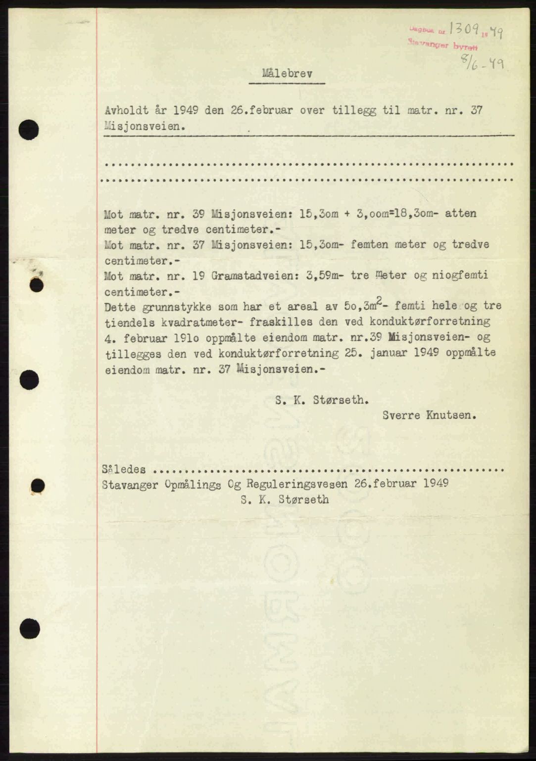 Stavanger byrett, SAST/A-100455/002/G/Gb/L0023: Mortgage book no. A12, 1948-1949, Diary no: : 1309/1949