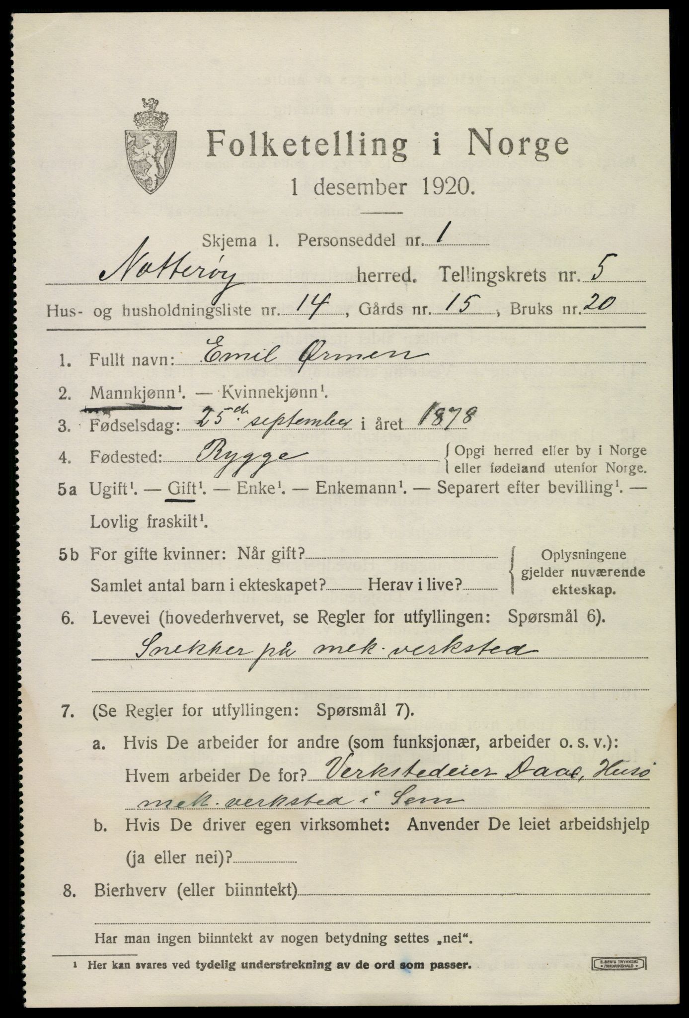 SAKO, 1920 census for Nøtterøy, 1920, p. 7705