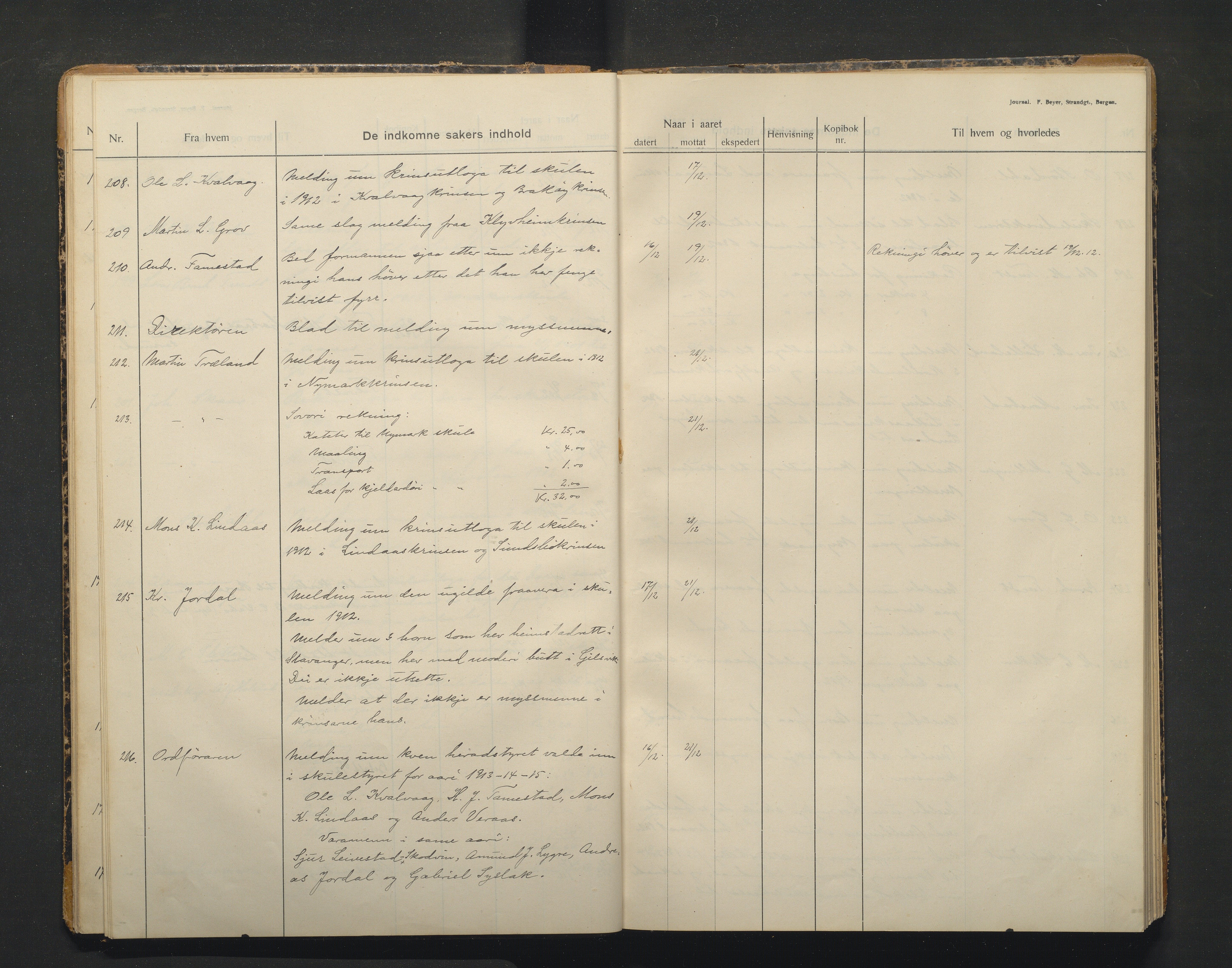 Lindås kommune. Skulestyret, IKAH/1263-211/C/Ca/L0005: Postjournal for Lindås skulestyre, 1912-1918