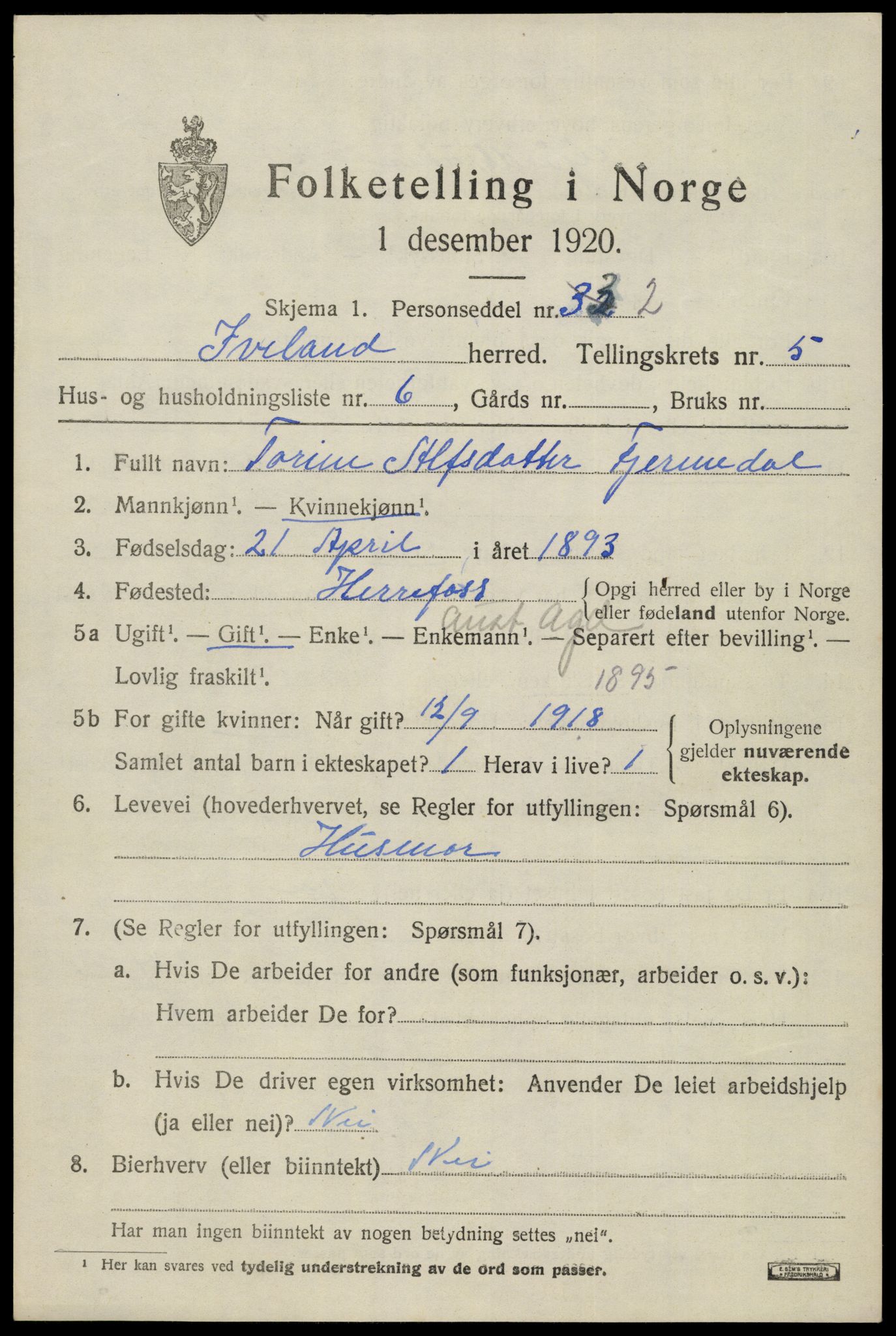 SAK, 1920 census for Iveland, 1920, p. 1649