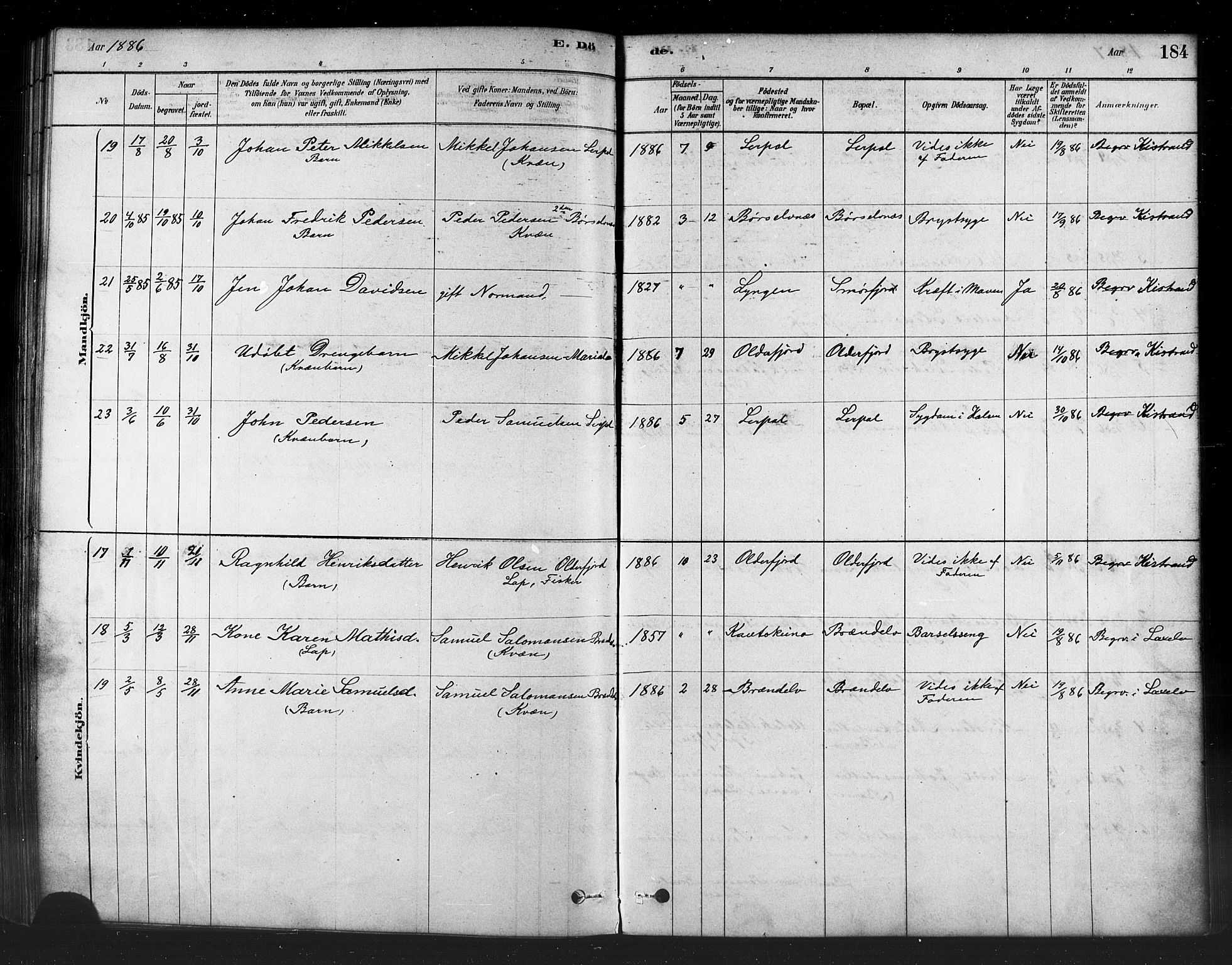 Kistrand/Porsanger sokneprestembete, SATØ/S-1351/H/Ha/L0007.kirke: Parish register (official) no. 7, 1881-1889, p. 184