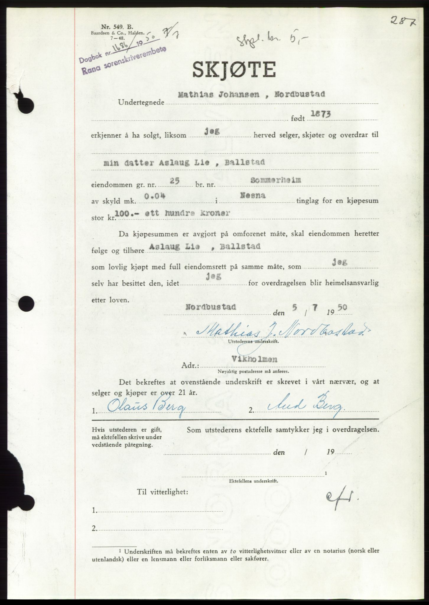 Rana sorenskriveri , AV/SAT-A-1108/1/2/2C: Mortgage book no. A 22, 1950-1950, Diary no: : 1686/1950