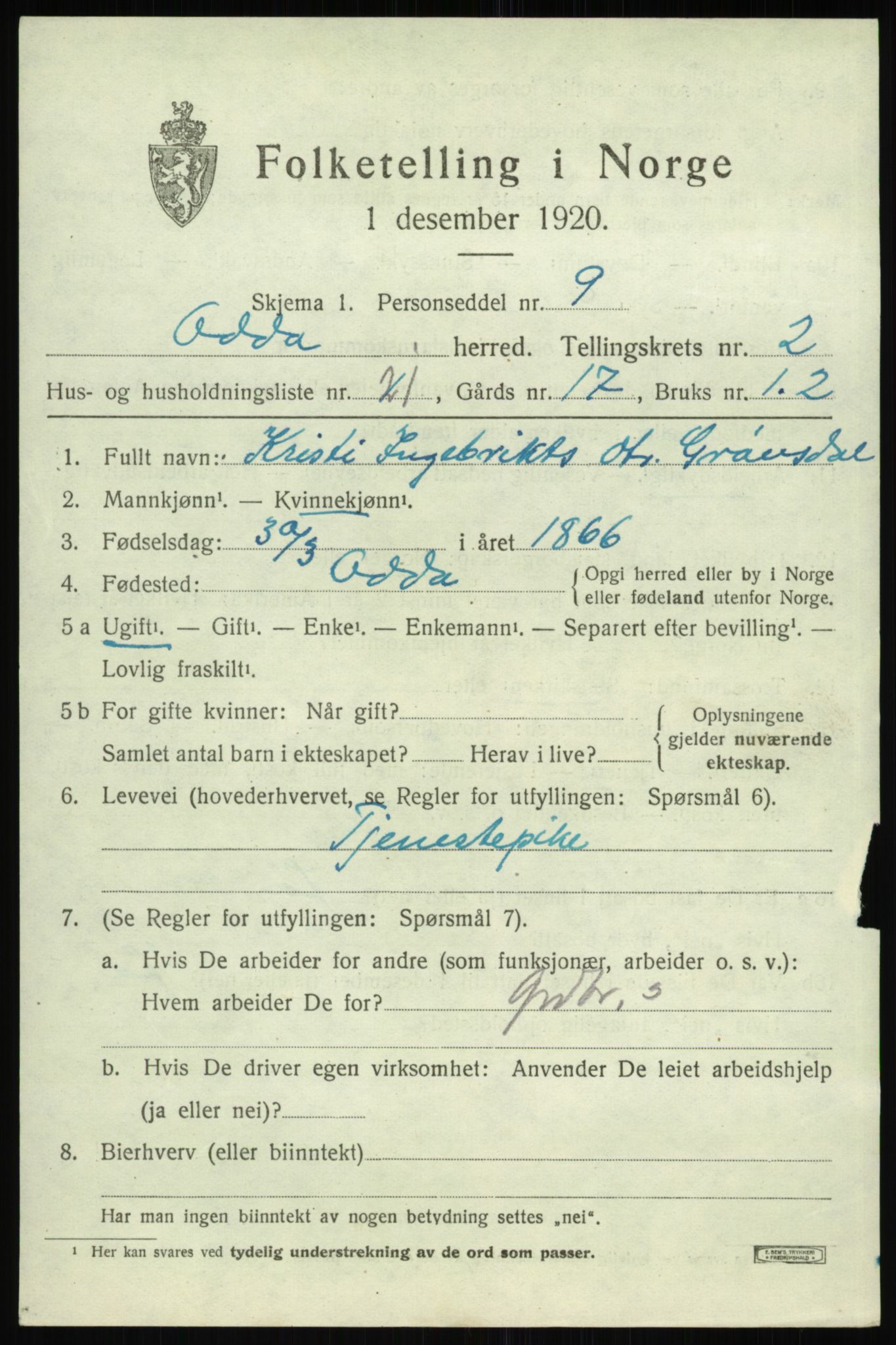 SAB, 1920 census for Odda, 1920, p. 2141