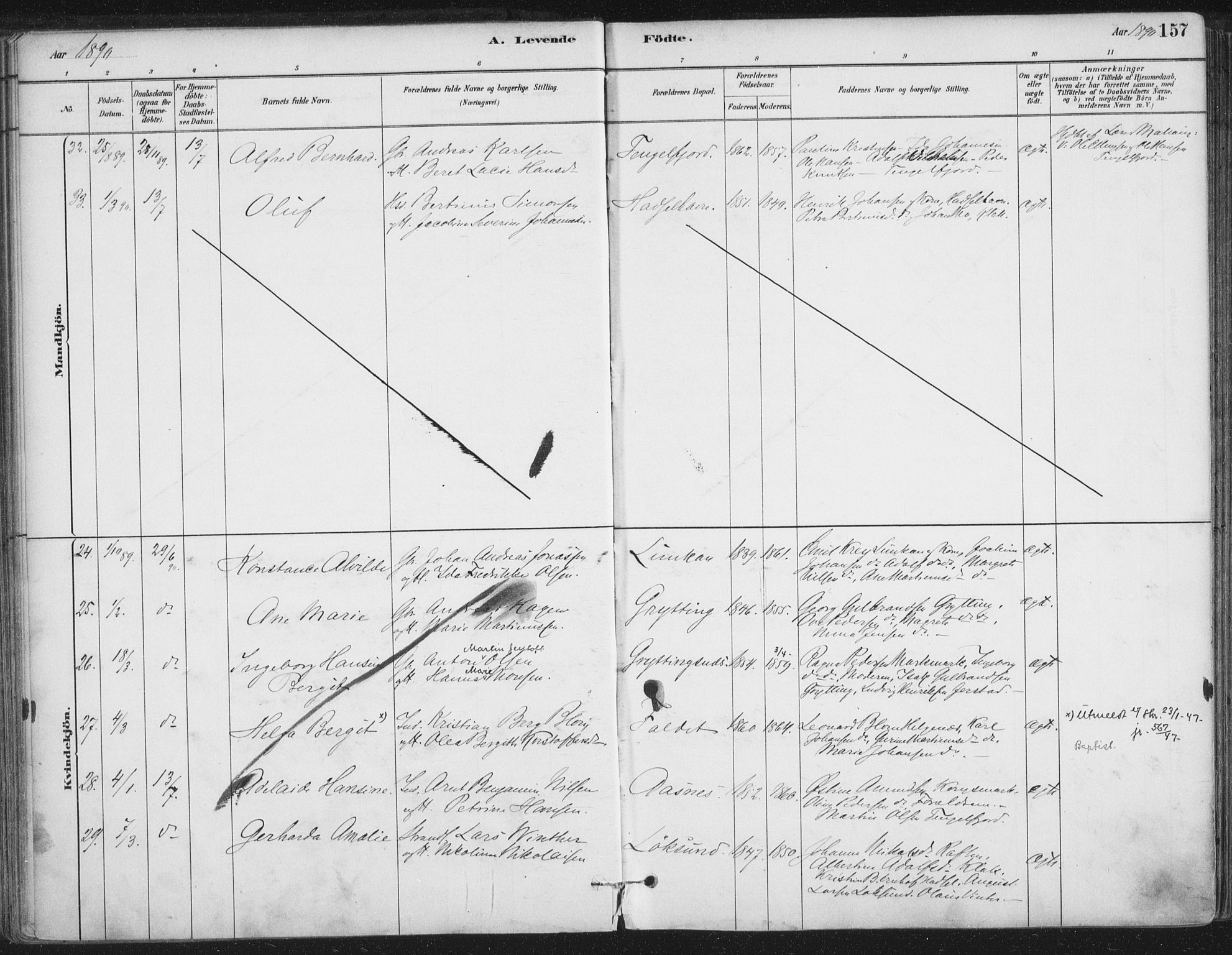 Ministerialprotokoller, klokkerbøker og fødselsregistre - Nordland, AV/SAT-A-1459/888/L1244: Parish register (official) no. 888A10, 1880-1890, p. 157