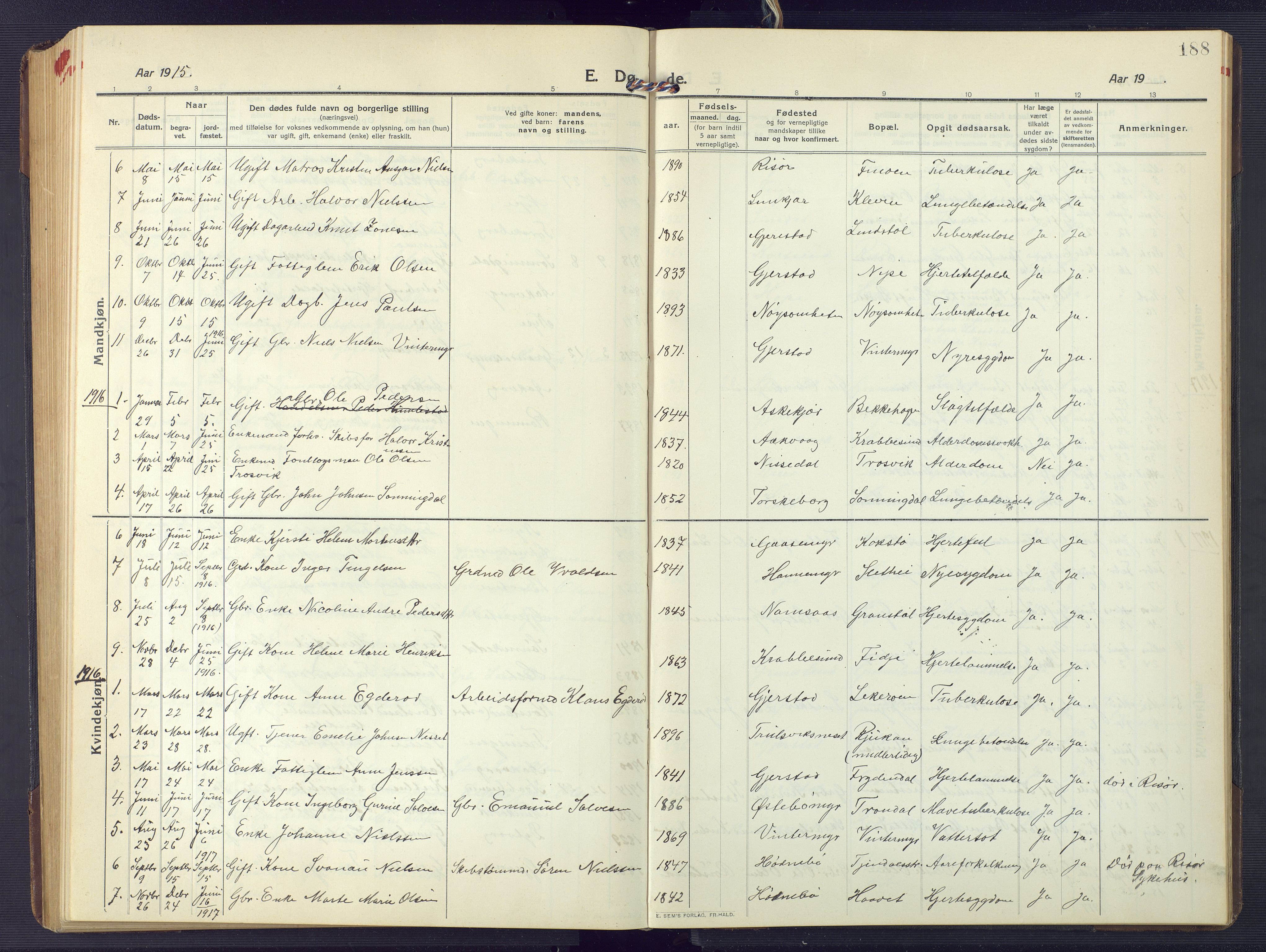 Søndeled sokneprestkontor, SAK/1111-0038/F/Fb/L0006: Parish register (copy) no. B 7, 1912-1947, p. 188