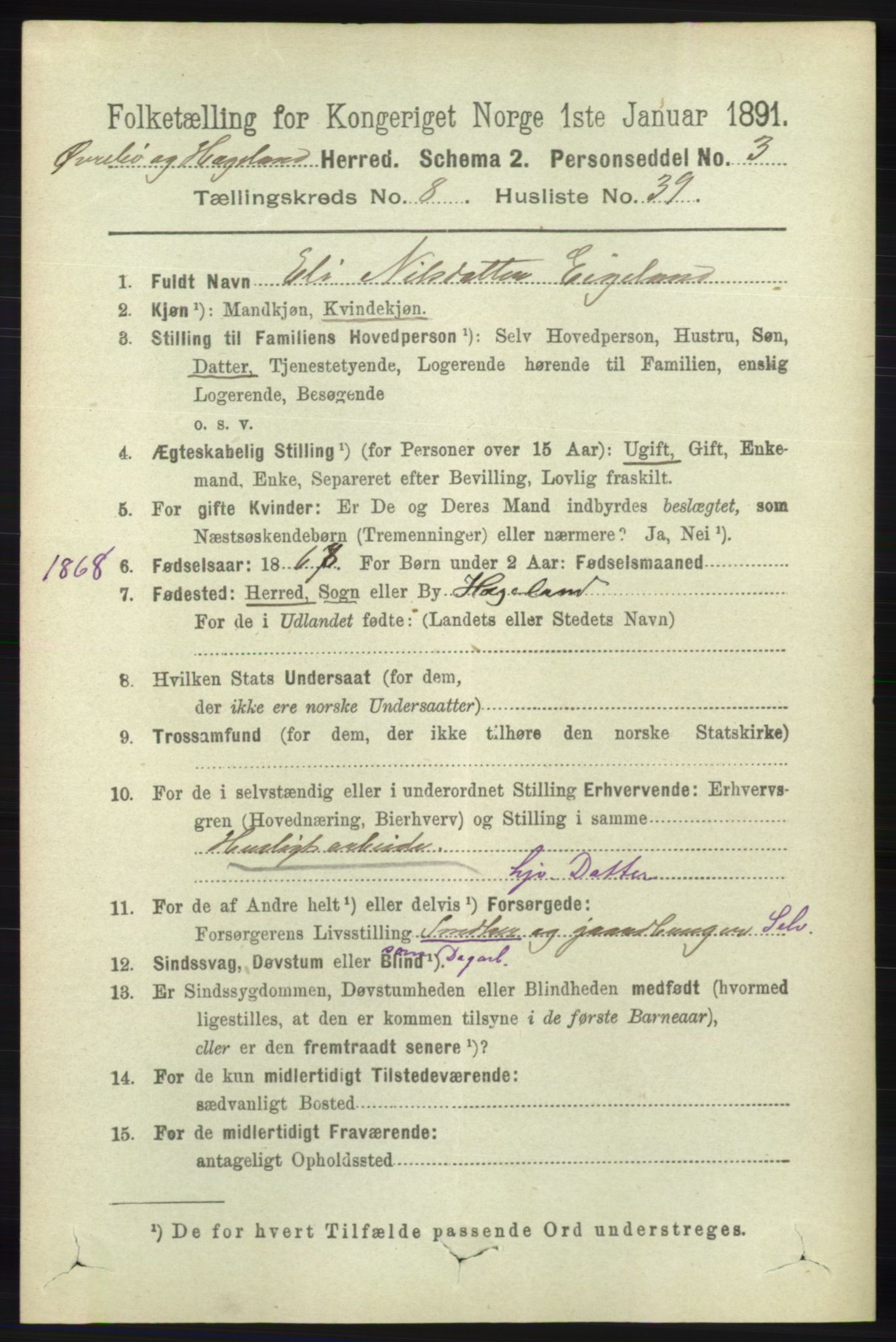 RA, 1891 census for 1016 Øvrebø og Hægeland, 1891, p. 1696