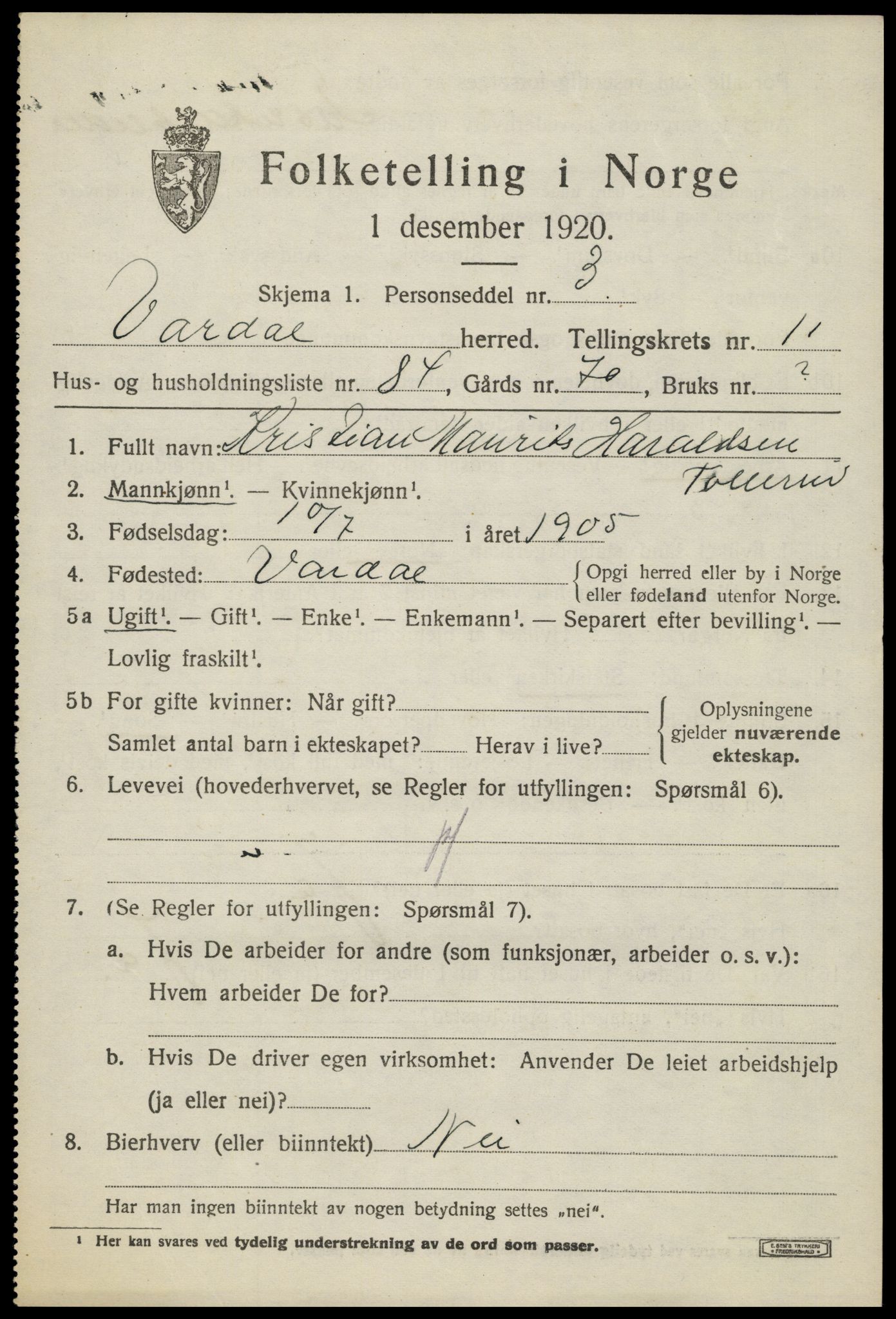 SAH, 1920 census for Vardal, 1920, p. 12097