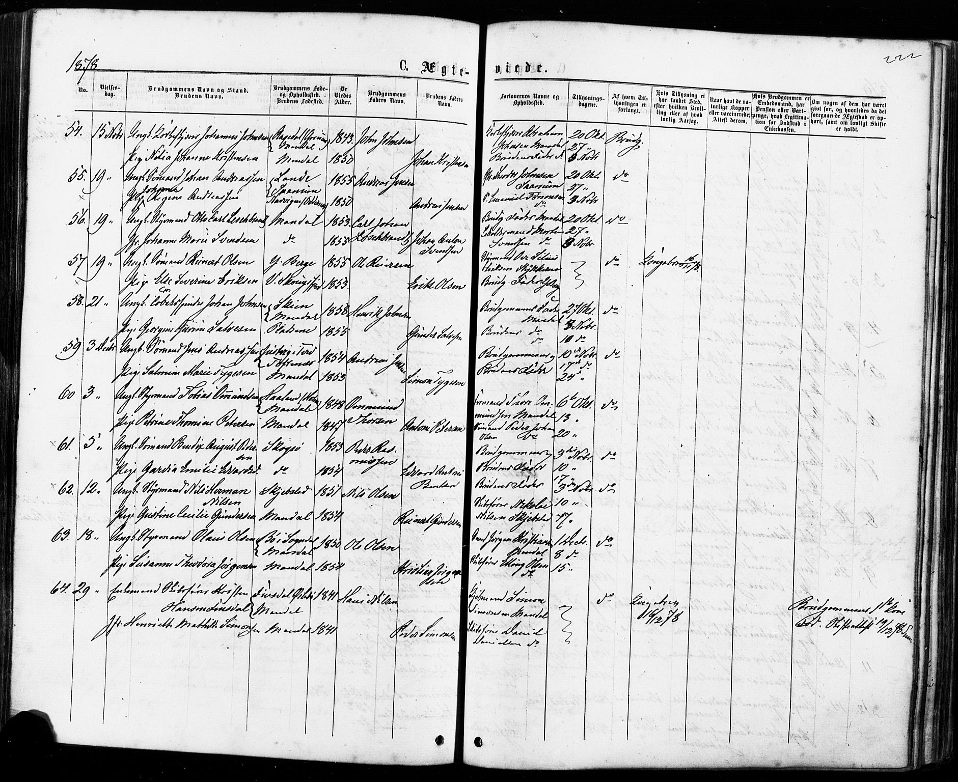 Mandal sokneprestkontor, SAK/1111-0030/F/Fa/Faa/L0015: Parish register (official) no. A 15, 1873-1879, p. 222