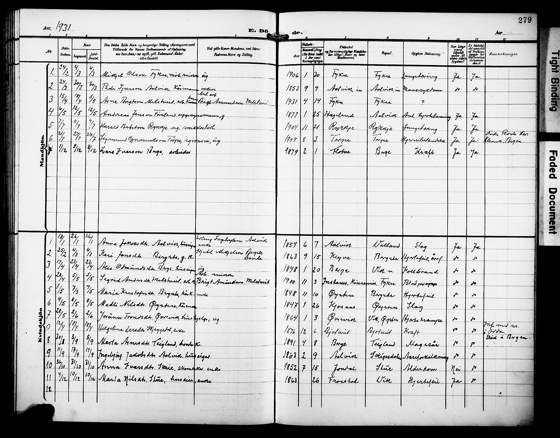 Kvam sokneprestembete, SAB/A-76201/H/Hab: Parish register (copy) no. C 4, 1906-1931, p. 279