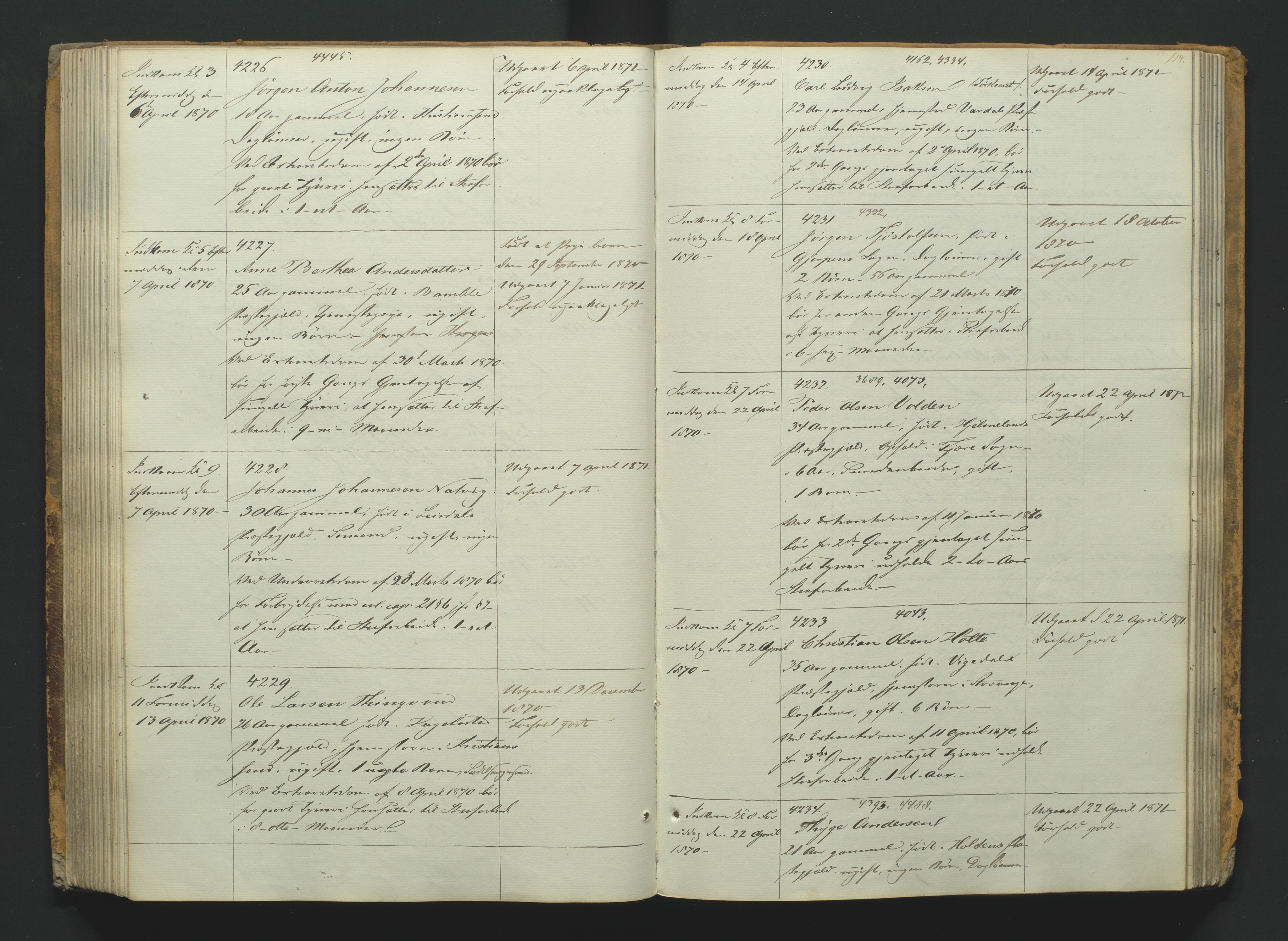 Kristiansand tukthus, AV/SAK-1251-0009/G/Gc/L0008/0001: Fangeregistrering / Fangeprotokoll med navneregister, 1855-1876, p. 113b-114a