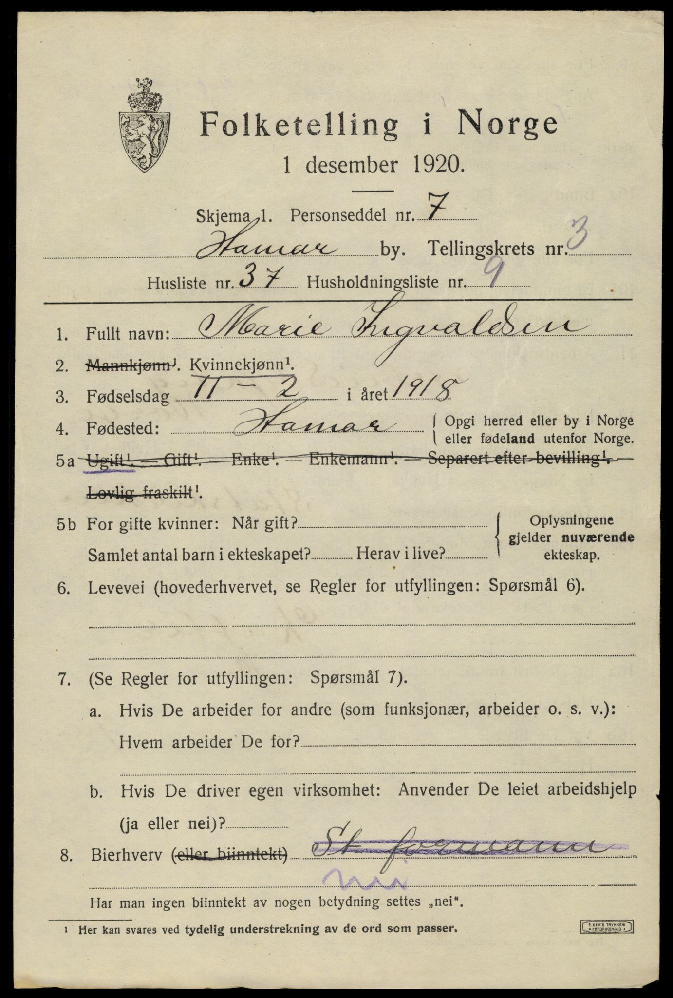 SAH, 1920 census for Hamar, 1920, p. 7793