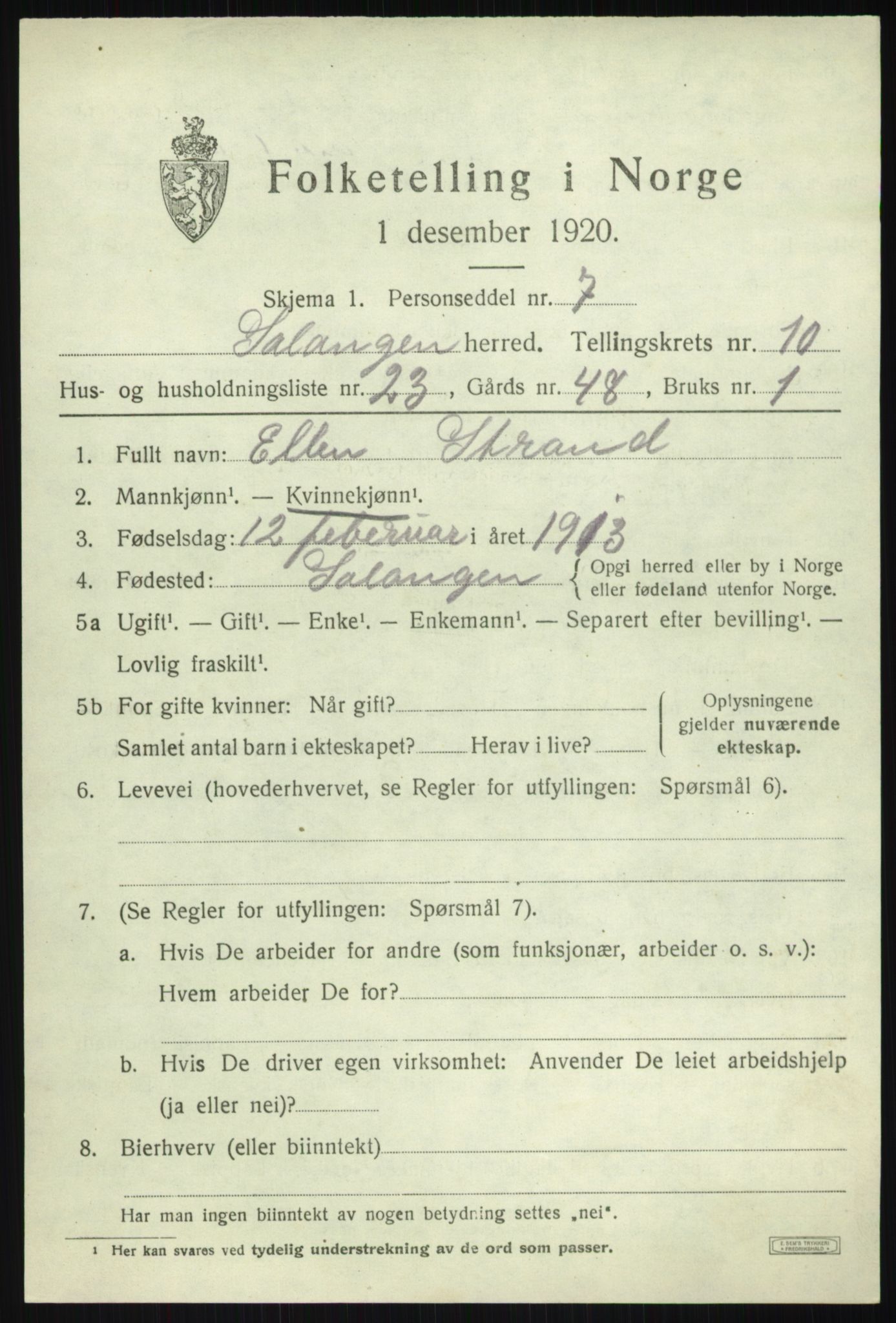 SATØ, 1920 census for Salangen, 1920, p. 6534