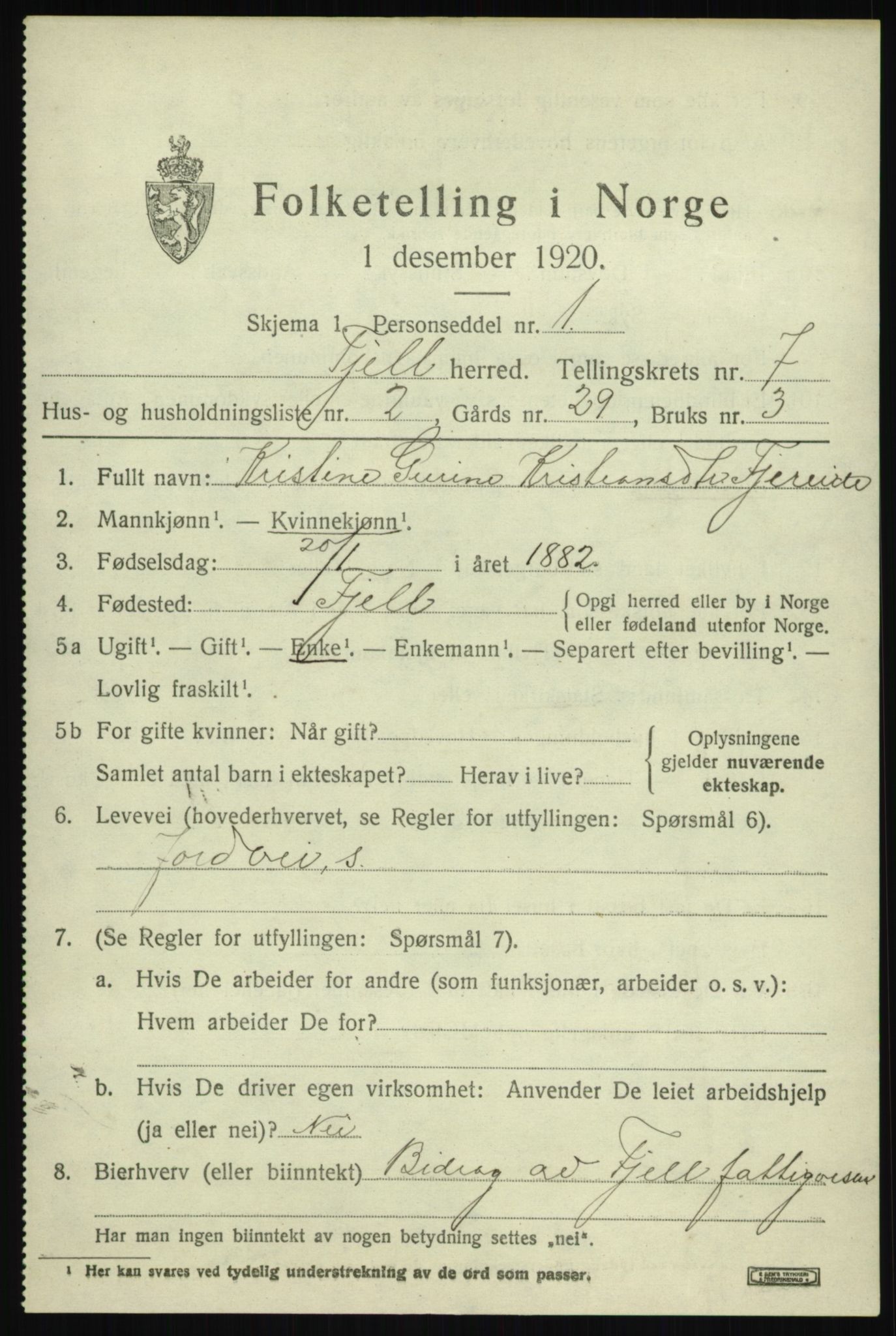 SAB, 1920 census for Fjell, 1920, p. 6412