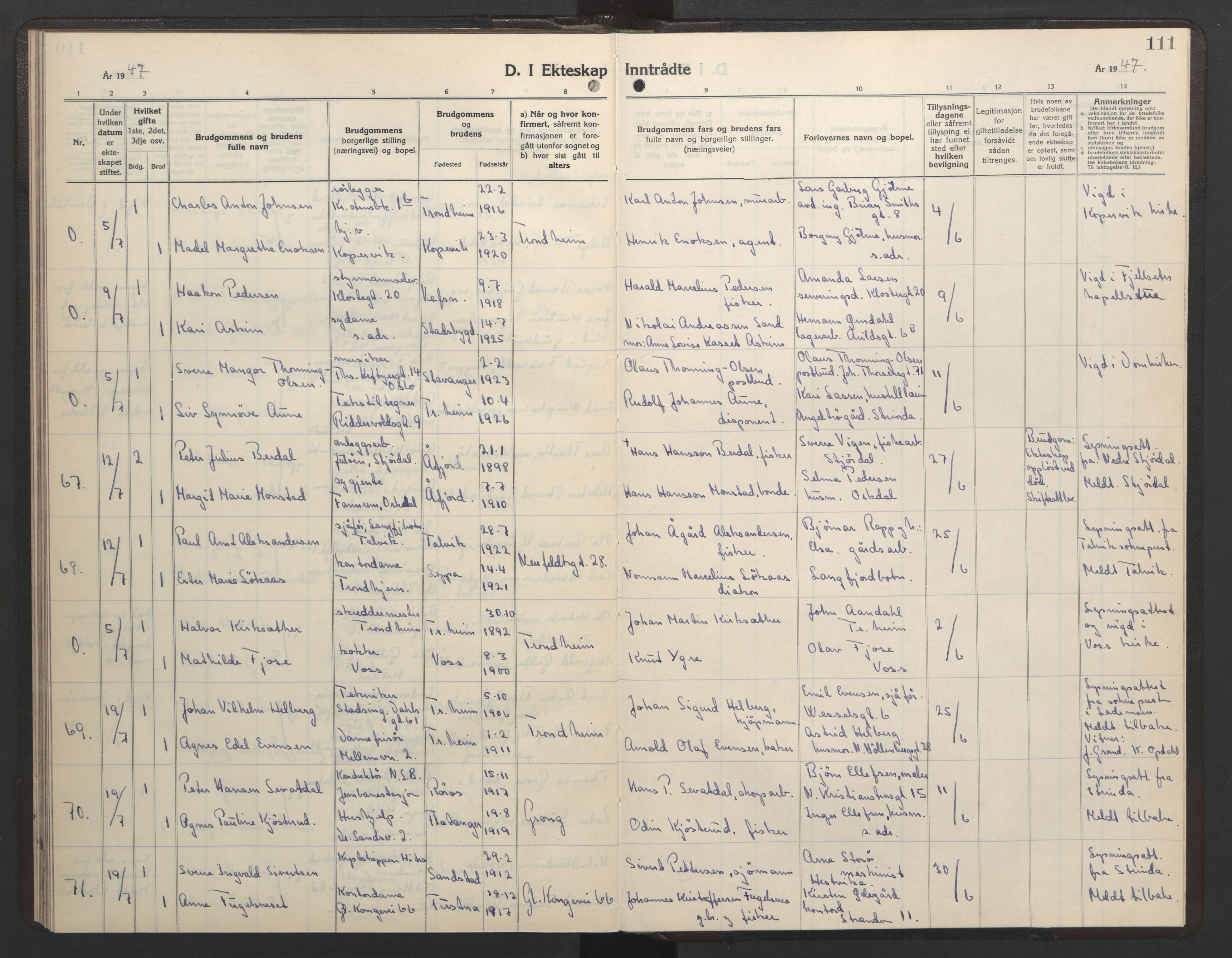 Ministerialprotokoller, klokkerbøker og fødselsregistre - Sør-Trøndelag, AV/SAT-A-1456/602/L0154: Parish register (copy) no. 602C22, 1940-1947, p. 111