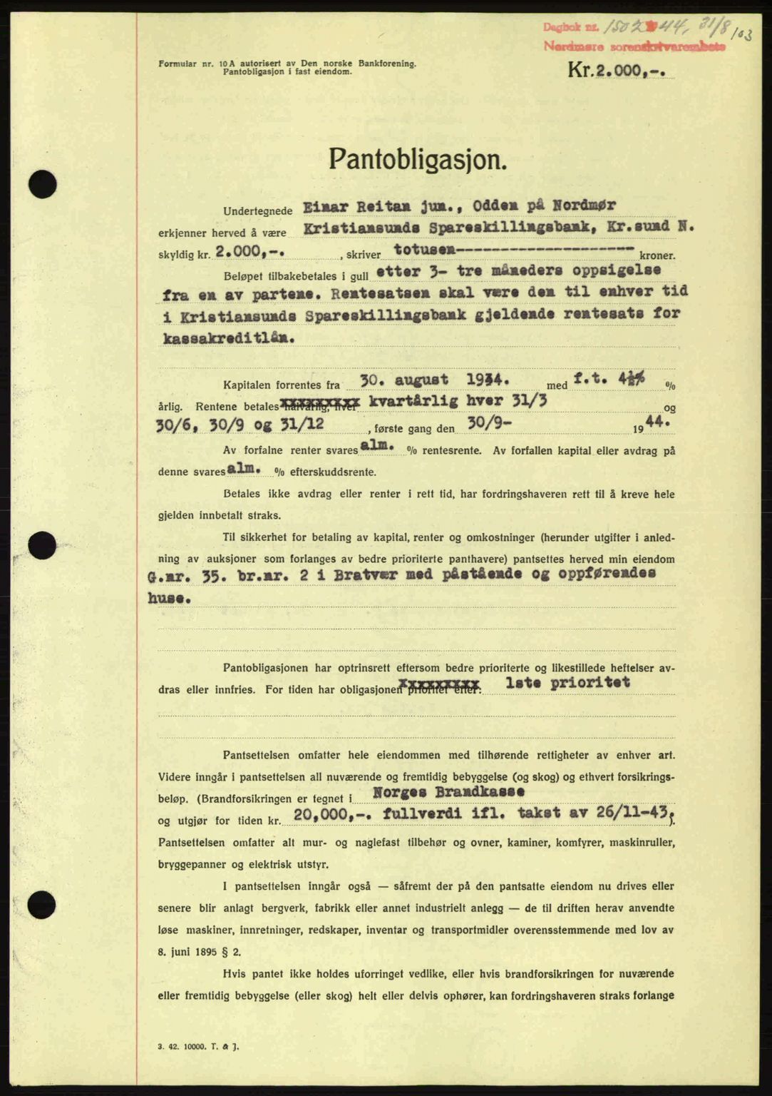 Nordmøre sorenskriveri, AV/SAT-A-4132/1/2/2Ca: Mortgage book no. B92, 1944-1945, Diary no: : 1502/1944